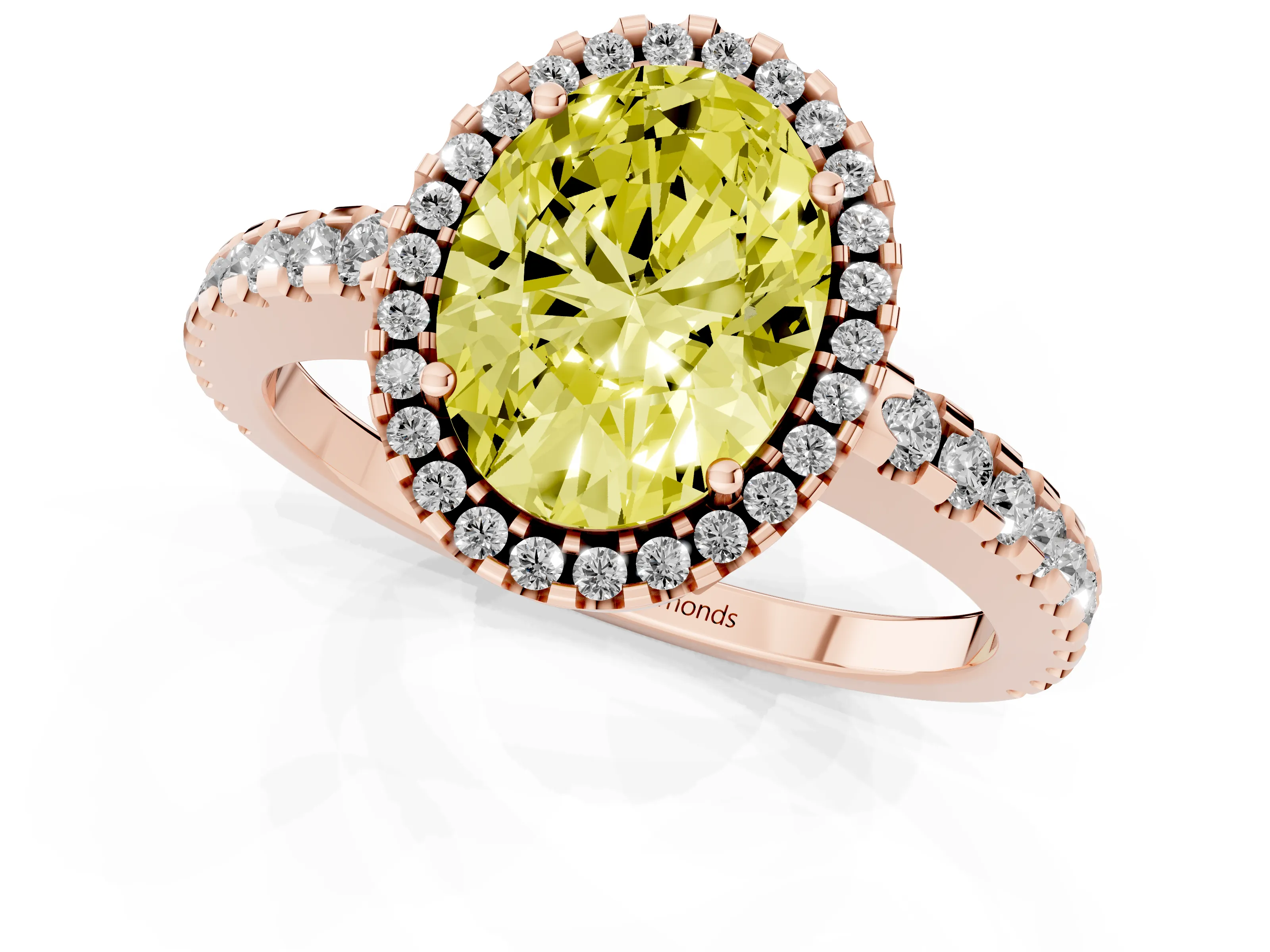 Fancy Yellow Oval Cut Diamond Halo Ring Set in Rose gold with Pavé Shoulders and Halo-Framed Center