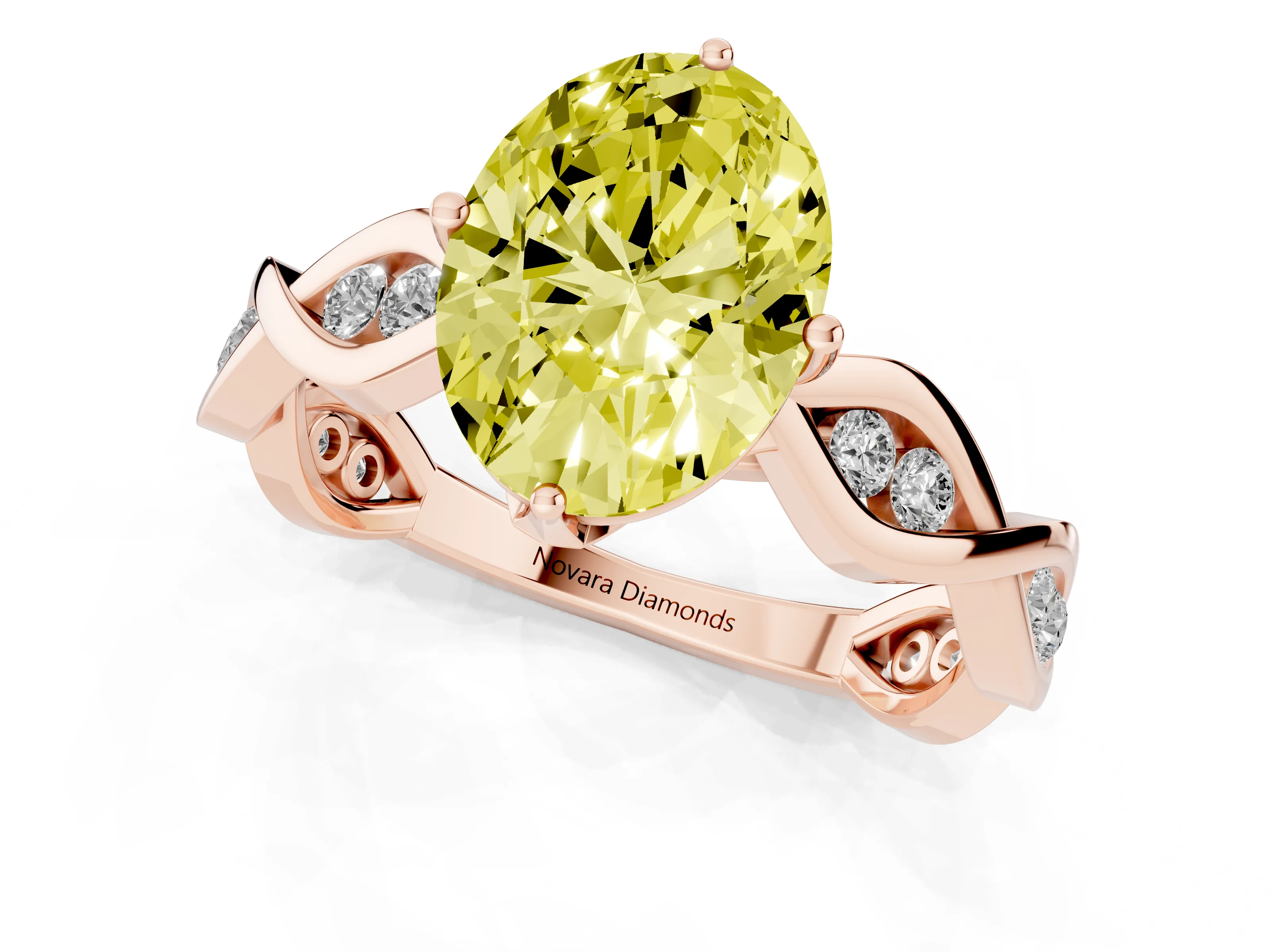 Fancy Yellow Oval Cut Diamond Twist Band Solitaire Ring Set in Rose gold with Leaf Prong Setting and Accent Stones