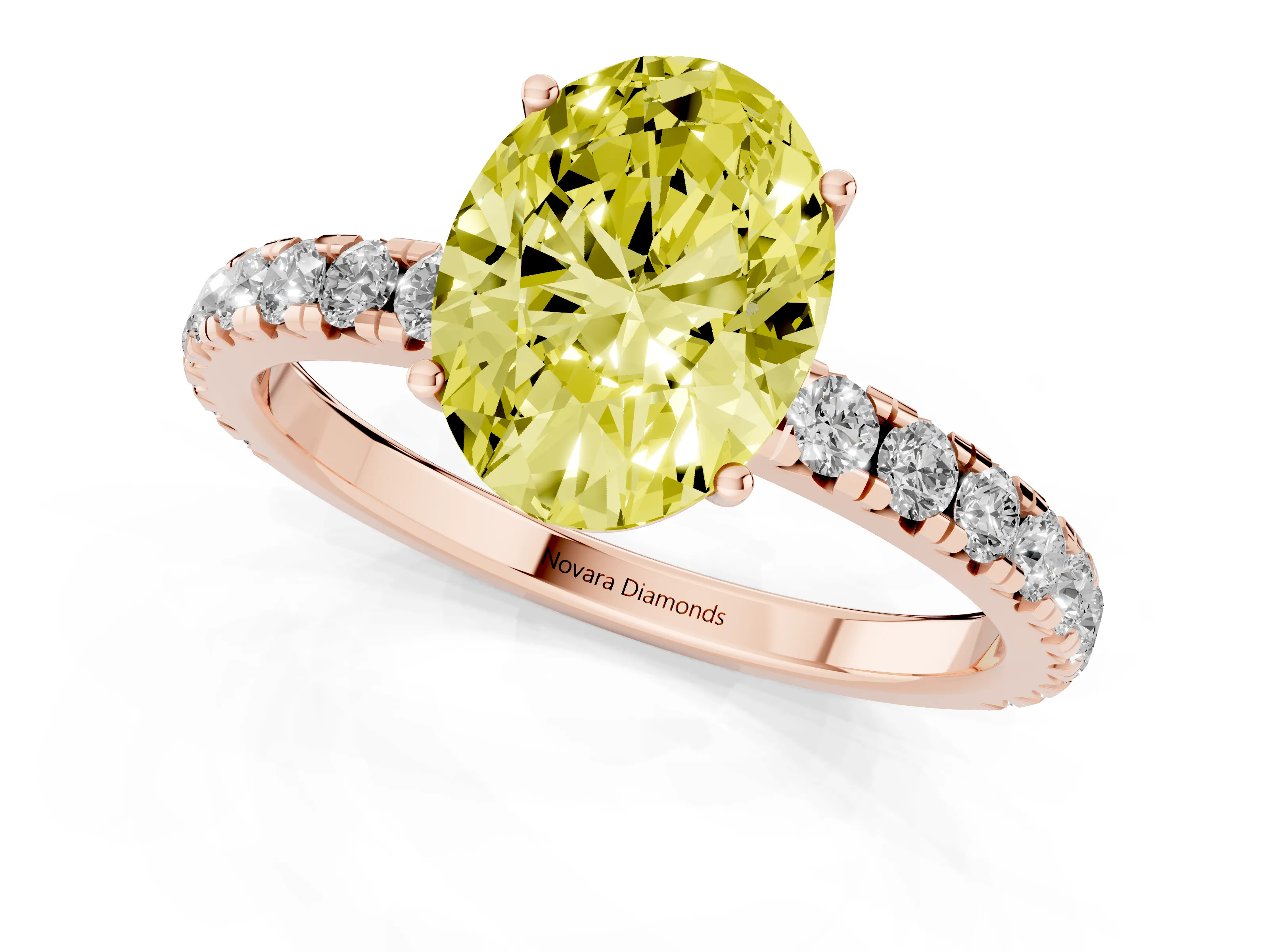 Fancy Yellow Oval Cut Diamond Pavé Solitaire Engagement Ring Set in Rose gold with Prong Setting