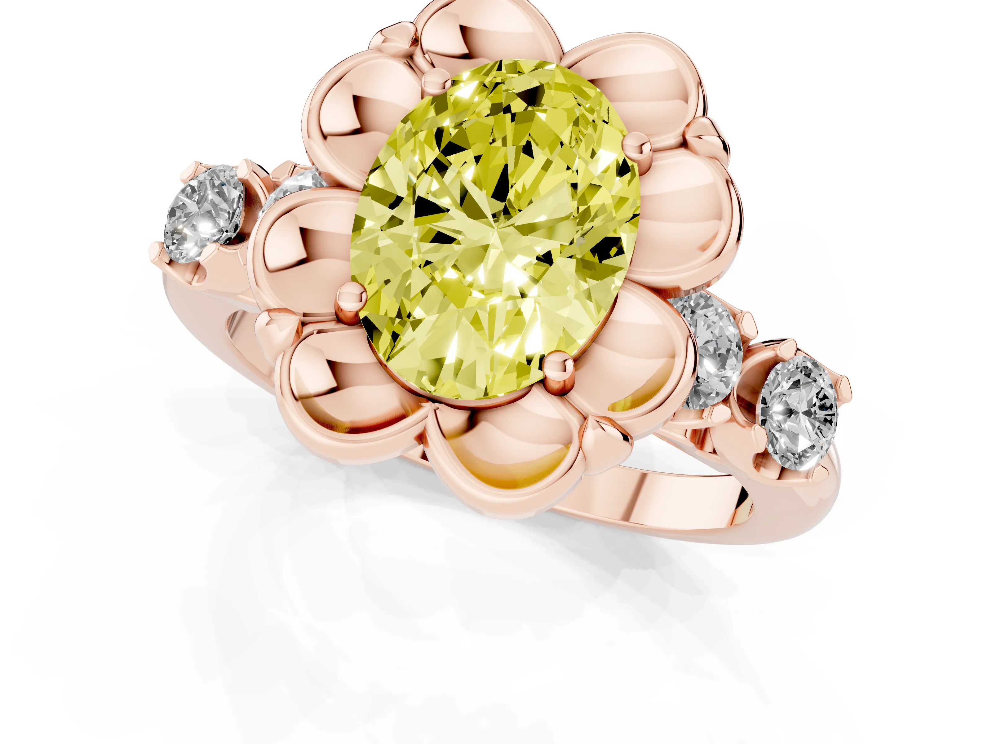 Fancy Yellow Oval Cut Diamond Floral Halo Ring Set in Rose gold with Shared Prong Band