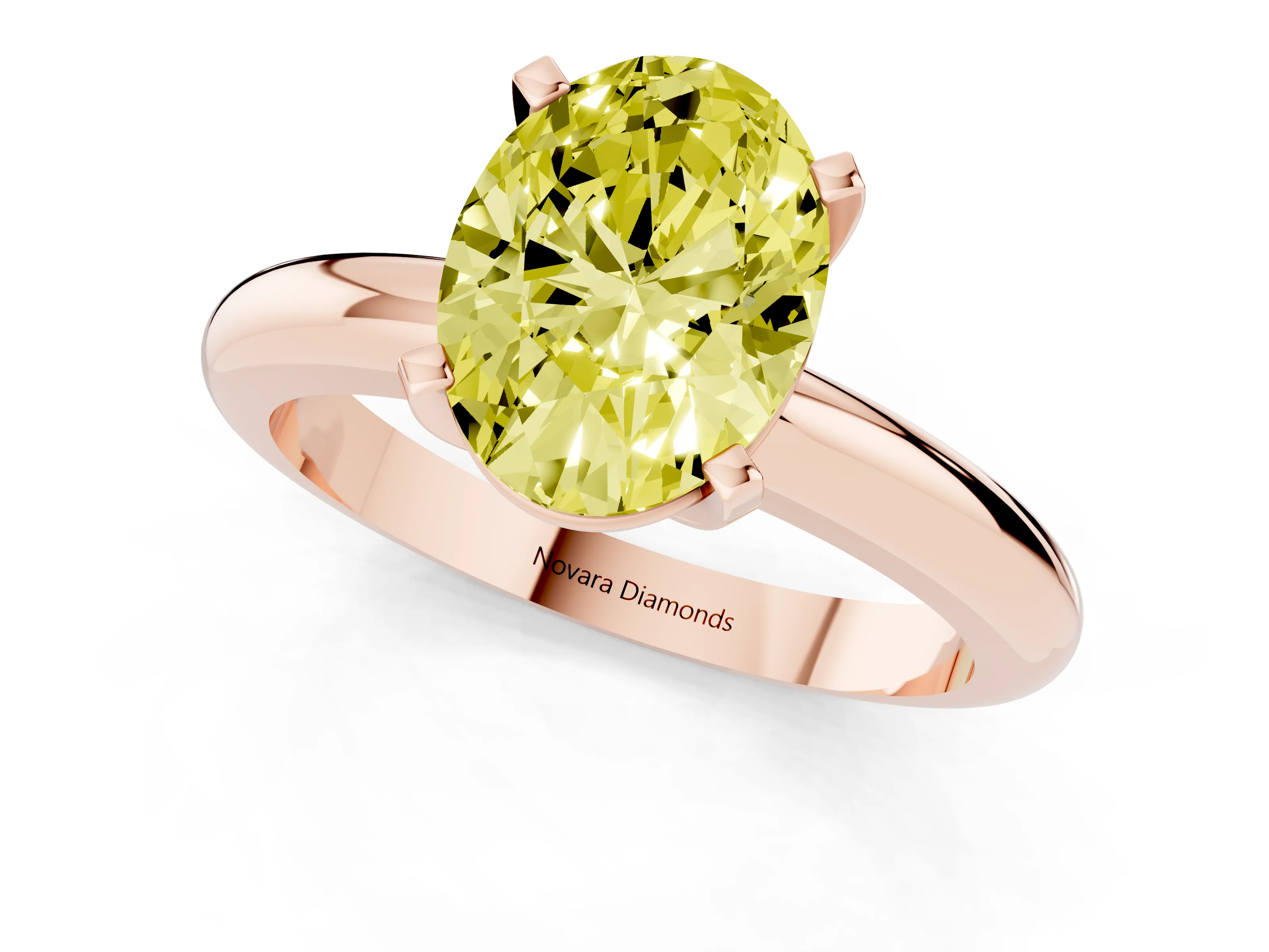 Fancy Yellow Oval Cut Diamond Solitaire Engagement Ring Set in Rose gold with Round Band and Prong Setting