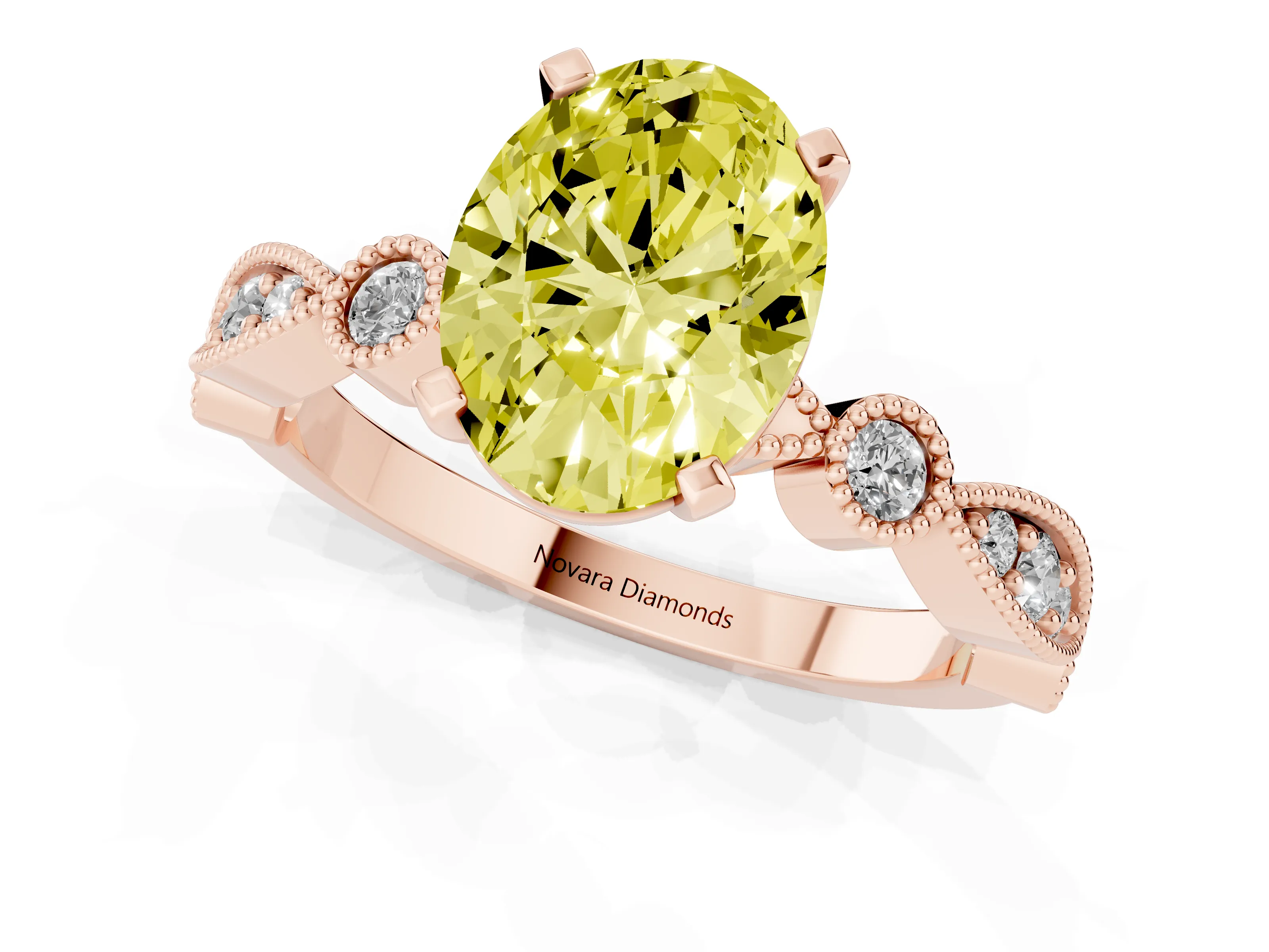 Fancy Yellow Oval Cut Diamond Solitaire Engagement Ring Set in Rose gold with Milgrain Bezel Accent Band – second view