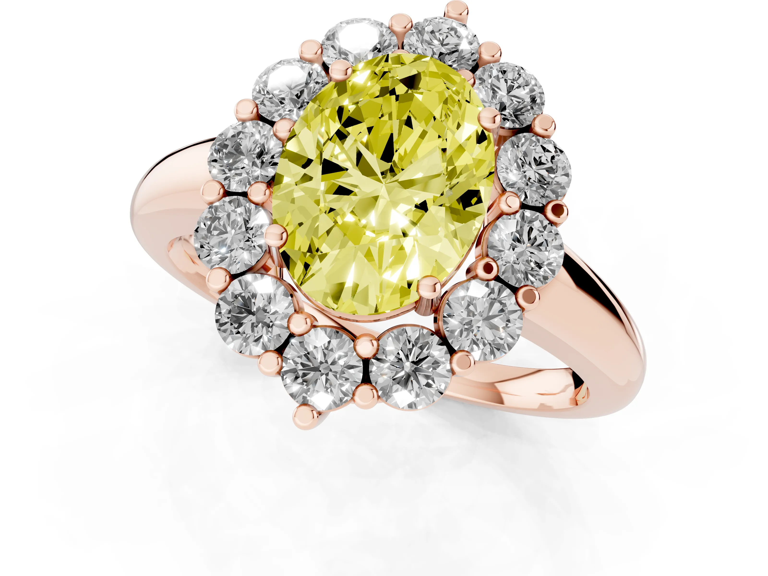 Fancy Yellow Oval Cut Diamond Halo Cluster Engagement Ring Set in Rose gold with Polished Band and Prong Setting