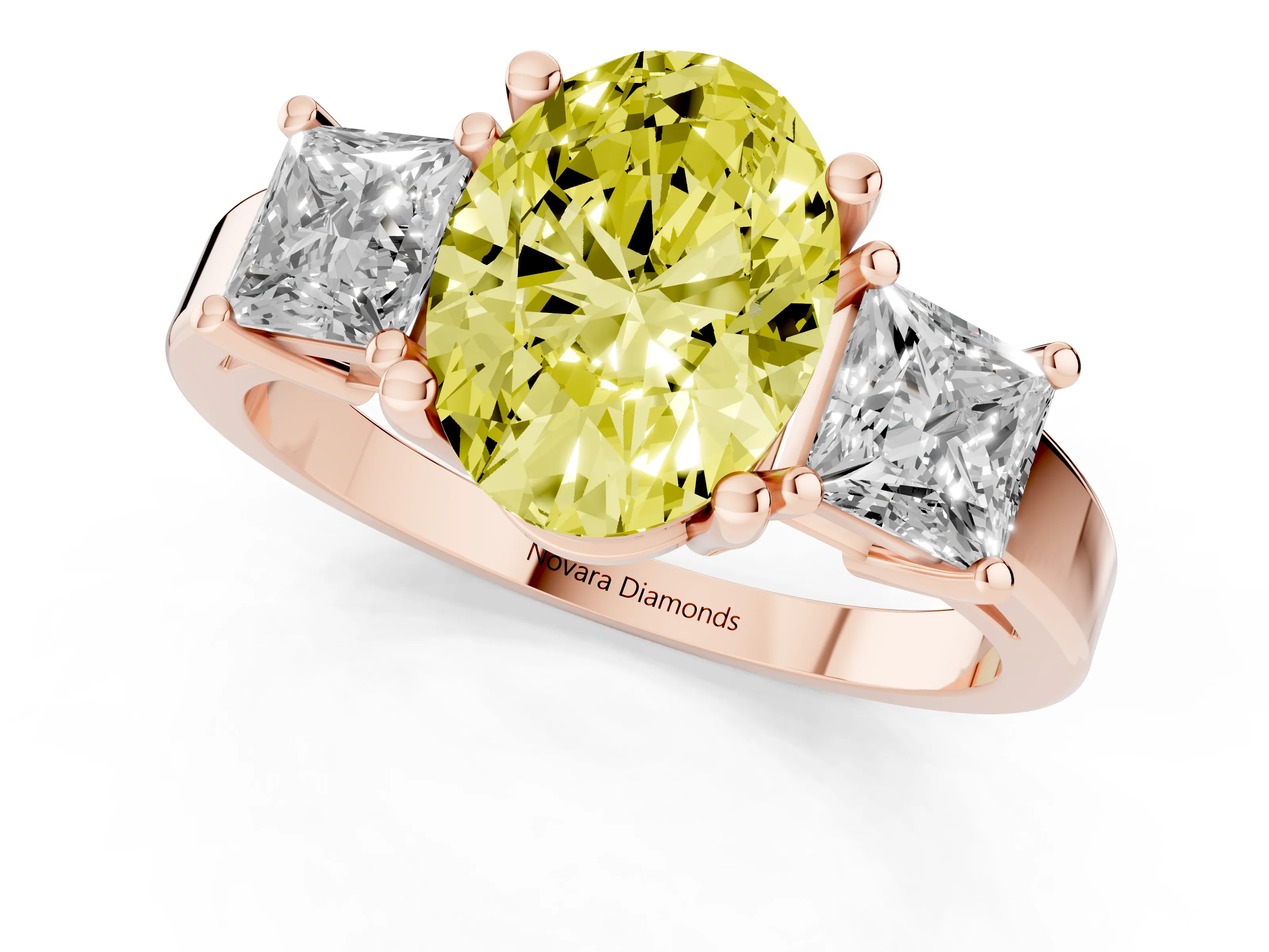 Fancy Yellow Three-Stone Oval Cut Diamond Solitaire Ring Set in Rose gold with Prong Setting
