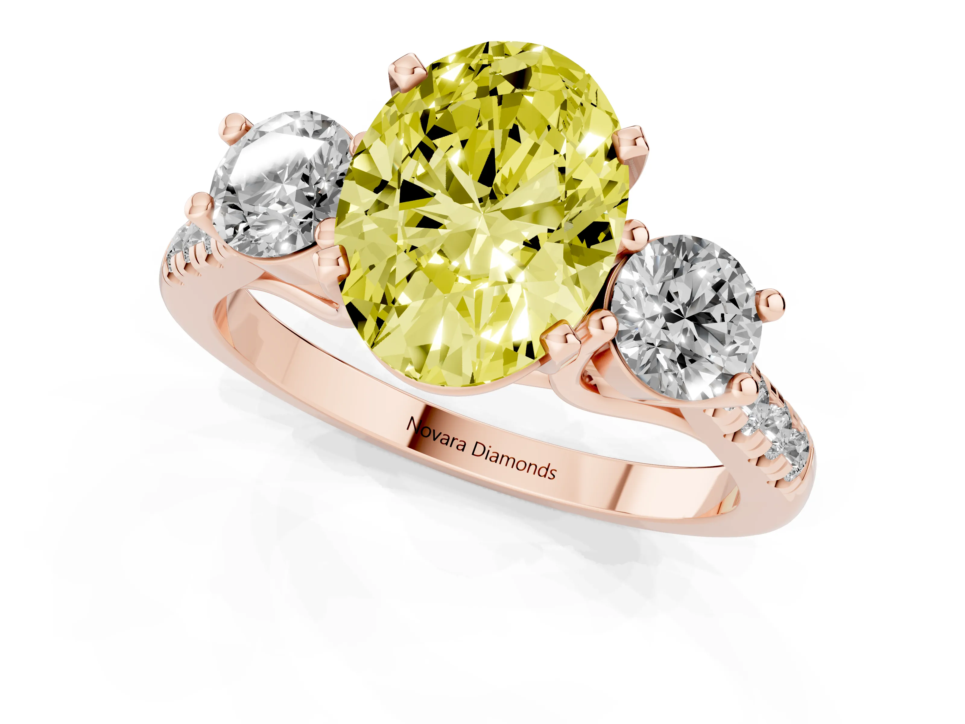 Fancy Yellow Three-Stone Oval Cut Diamond Pavé Band Ring Set in Rose gold with Prong-Set Trio