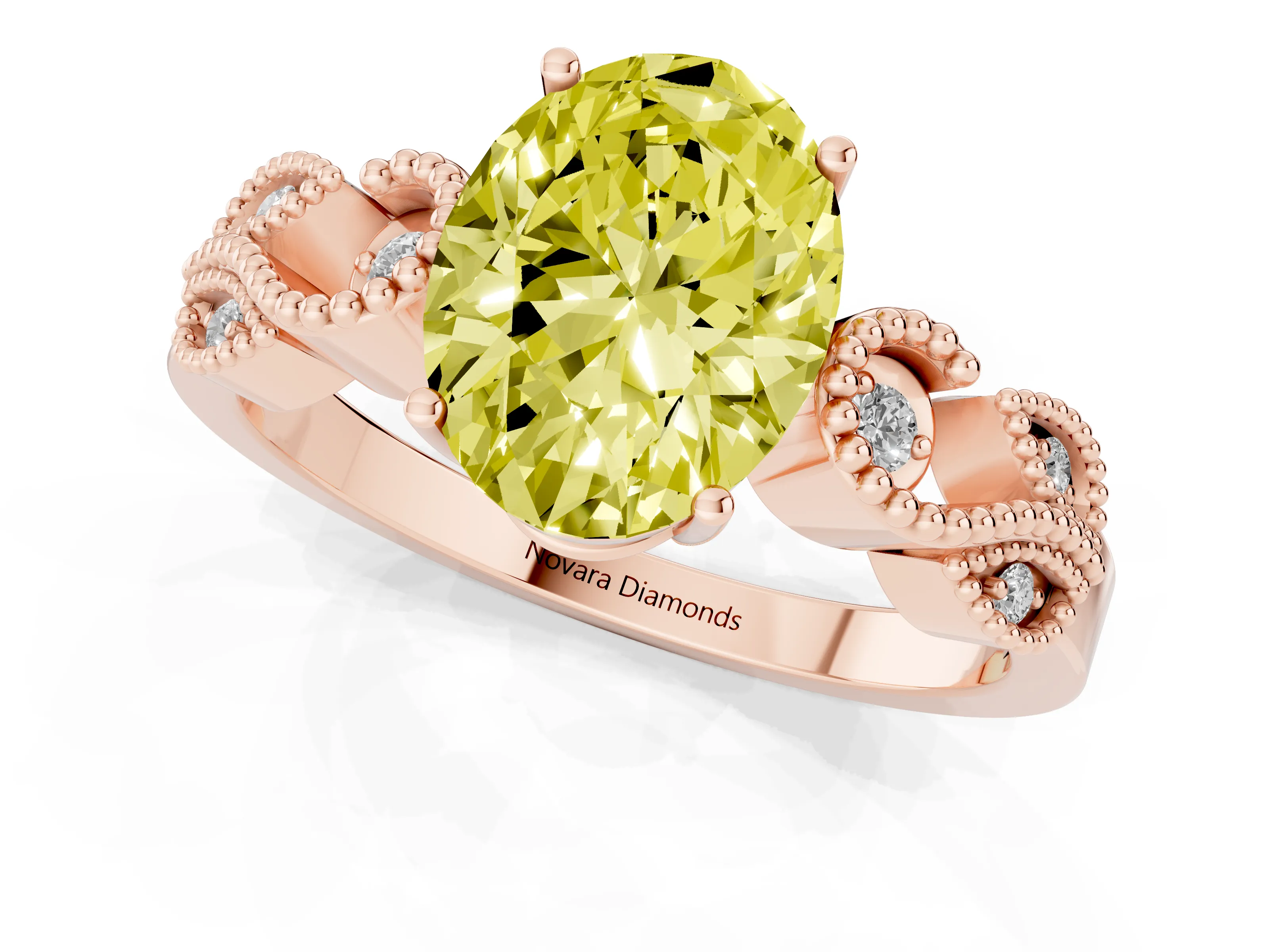Fancy Yellow Oval Cut Diamond Milgrain Leaf Band Solitaire Ring Set in Rose gold with Accent Stones and Prong Setting