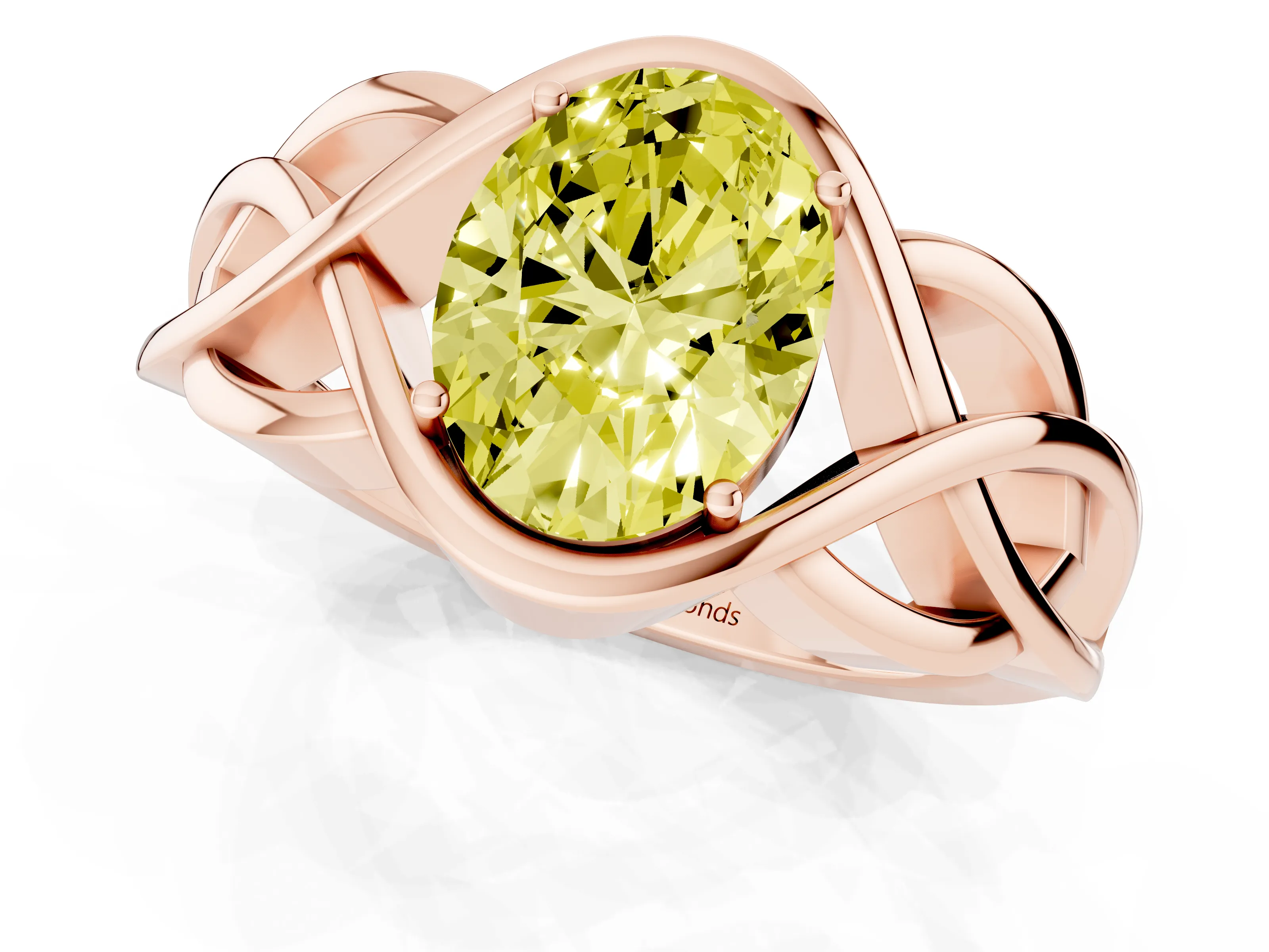 Fancy Yellow Oval Cut Diamond Solitaire Ring Set in Rose gold with Intertwined Band