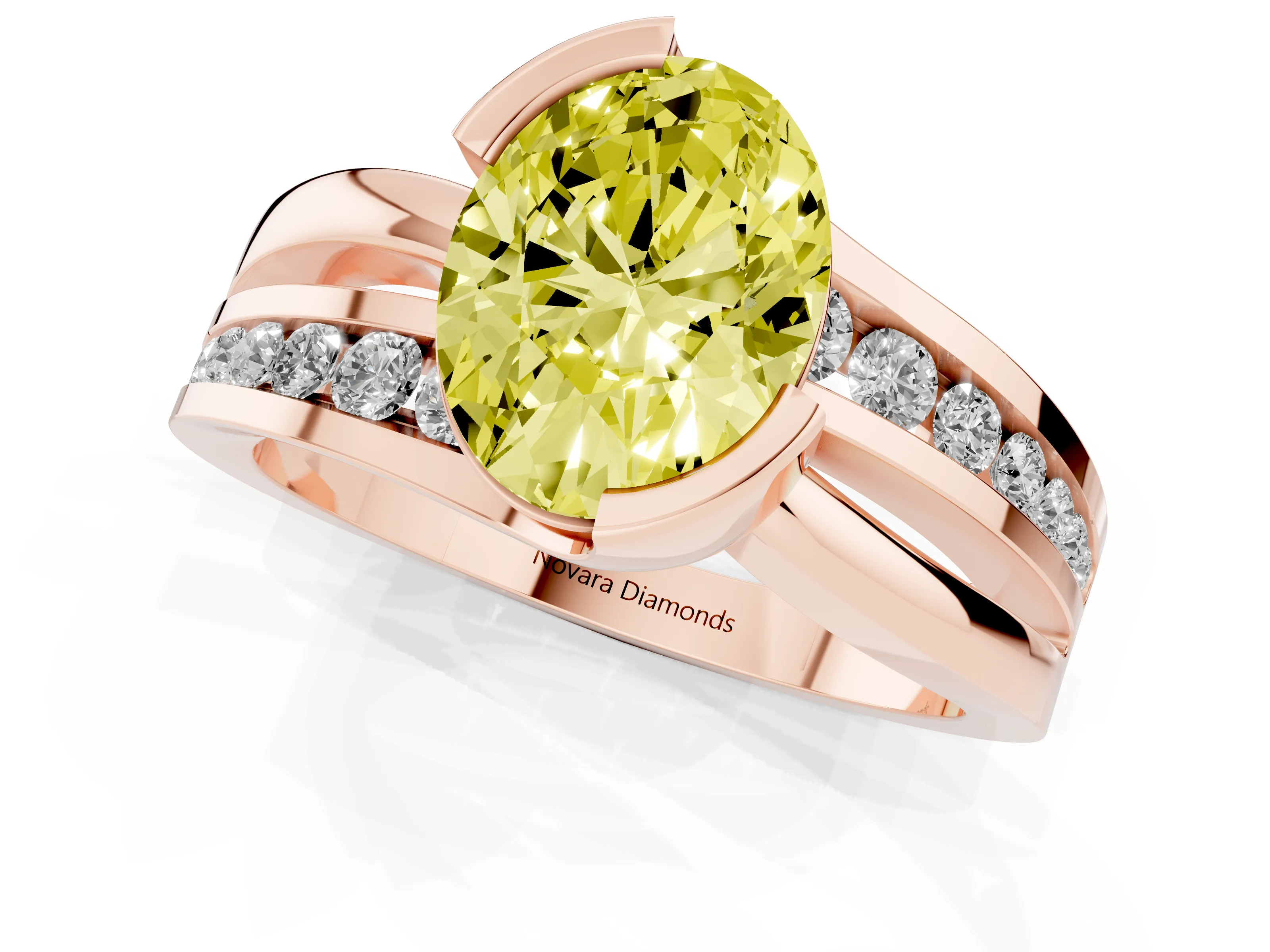 Fancy Yellow Oval Cut Diamond Solitaire Ring Set in Rose gold with Channel Set Split Shank and Tension Prongs