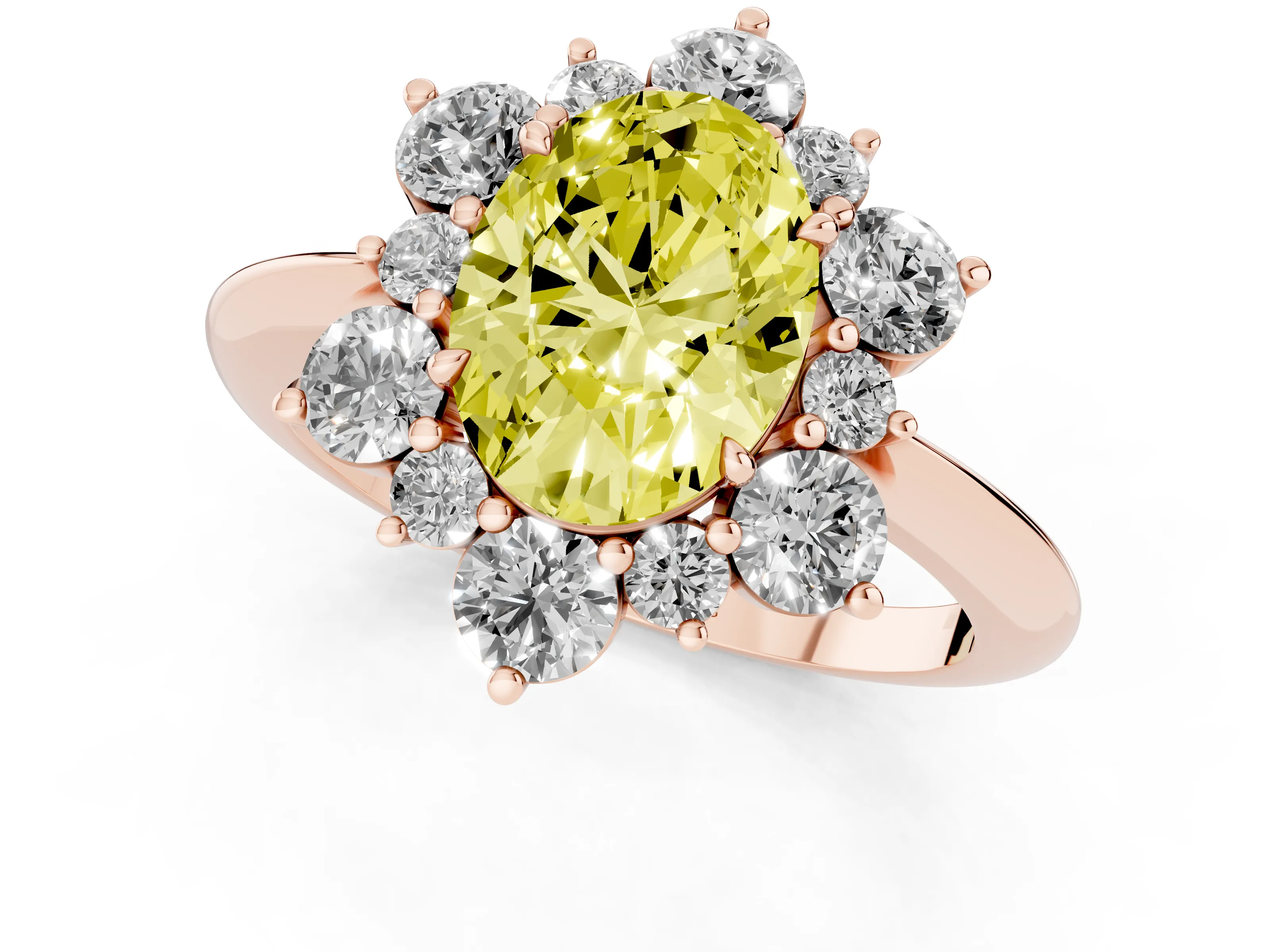 Fancy Yellow Oval Cut Diamond Cluster Halo Ring Set in Rose gold with Solitaire Band and Prong Setting
