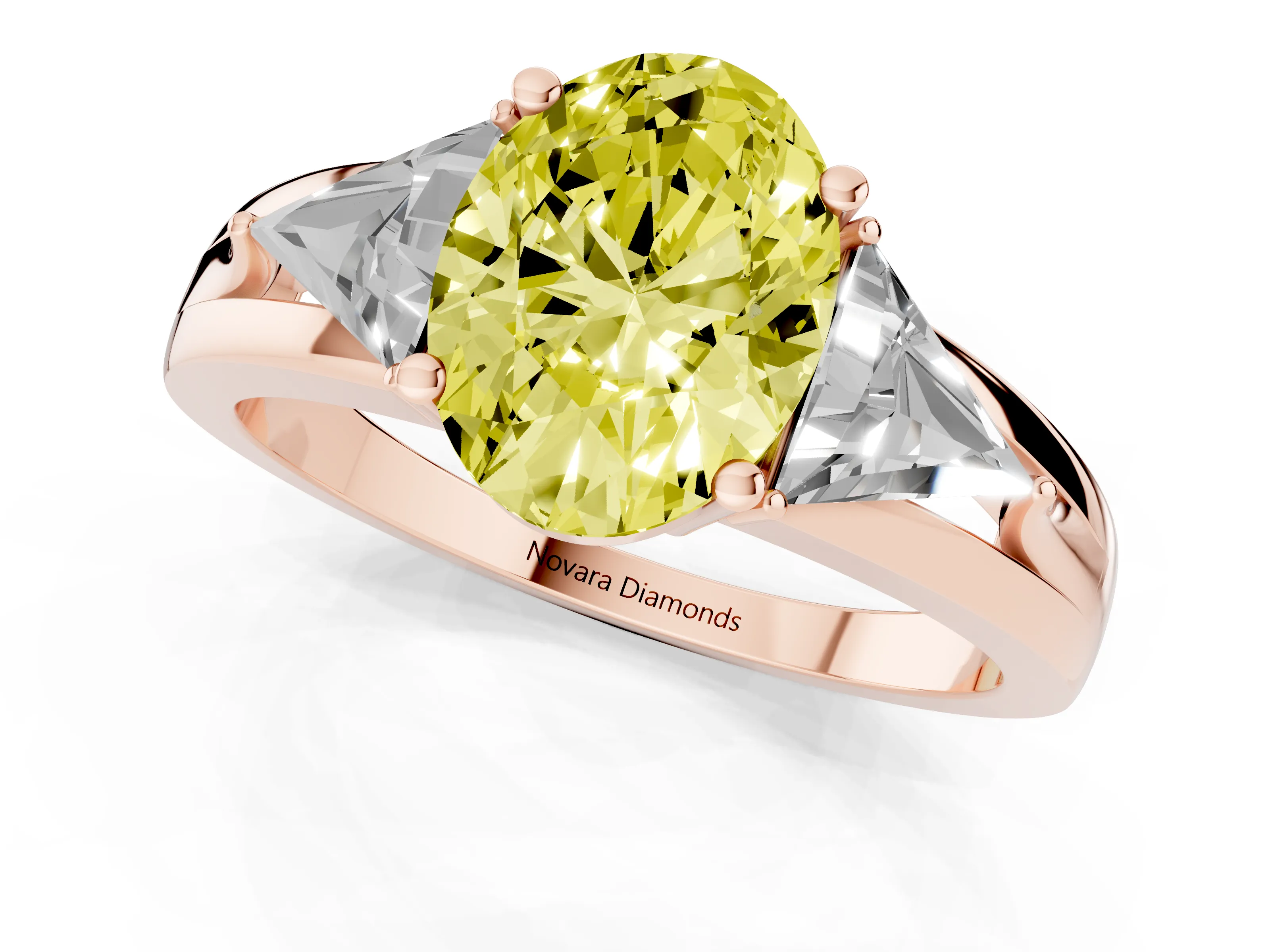 Fancy Yellow Oval Cut Diamond Three-Stone Ring Set in Rose gold with Trillion Side Stones and Split Shank