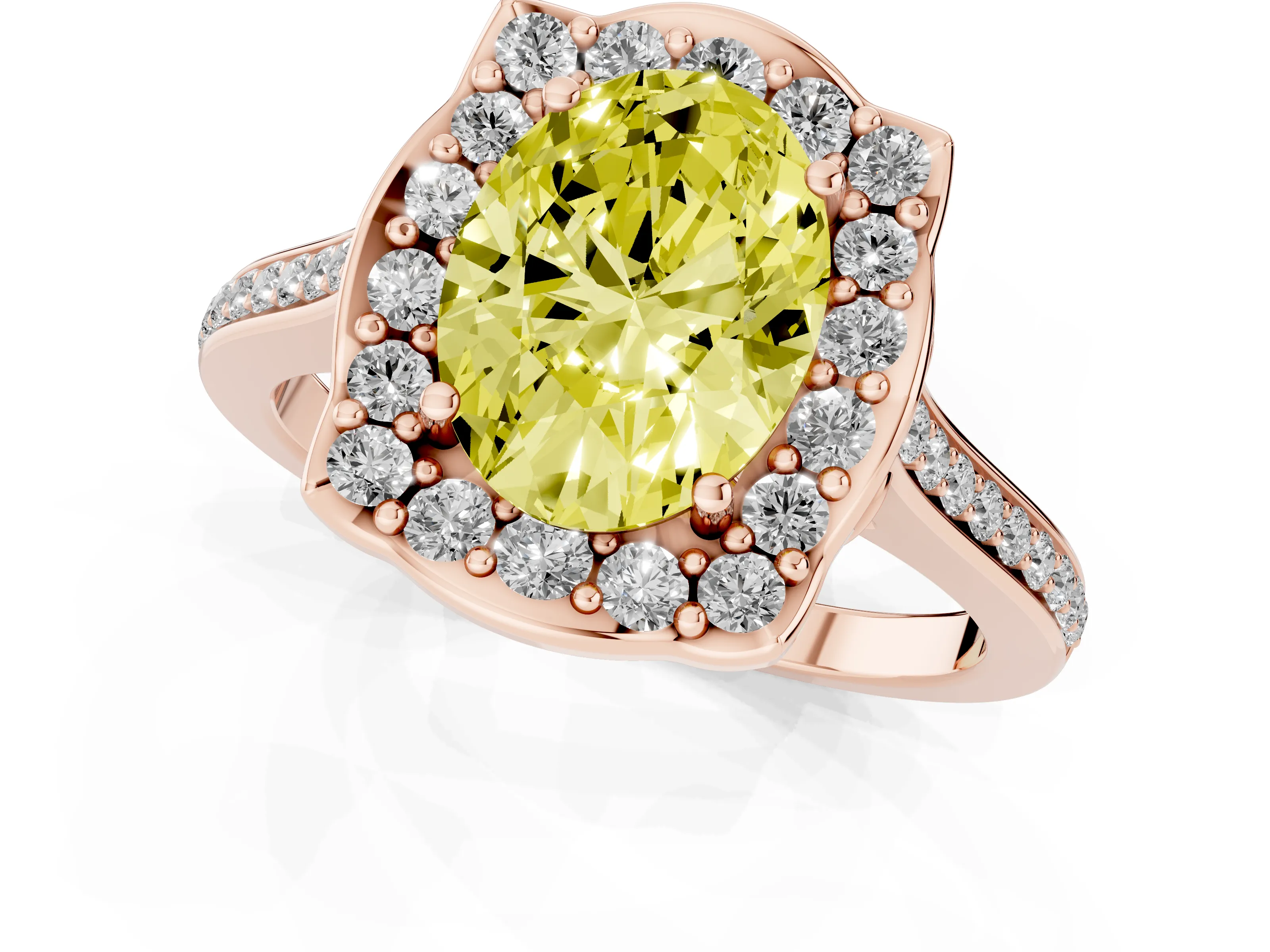 Fancy Yellow Oval Cut Diamond Halo Ring Set in Rose gold with Pavé-Lined Shoulders and Prong Setting