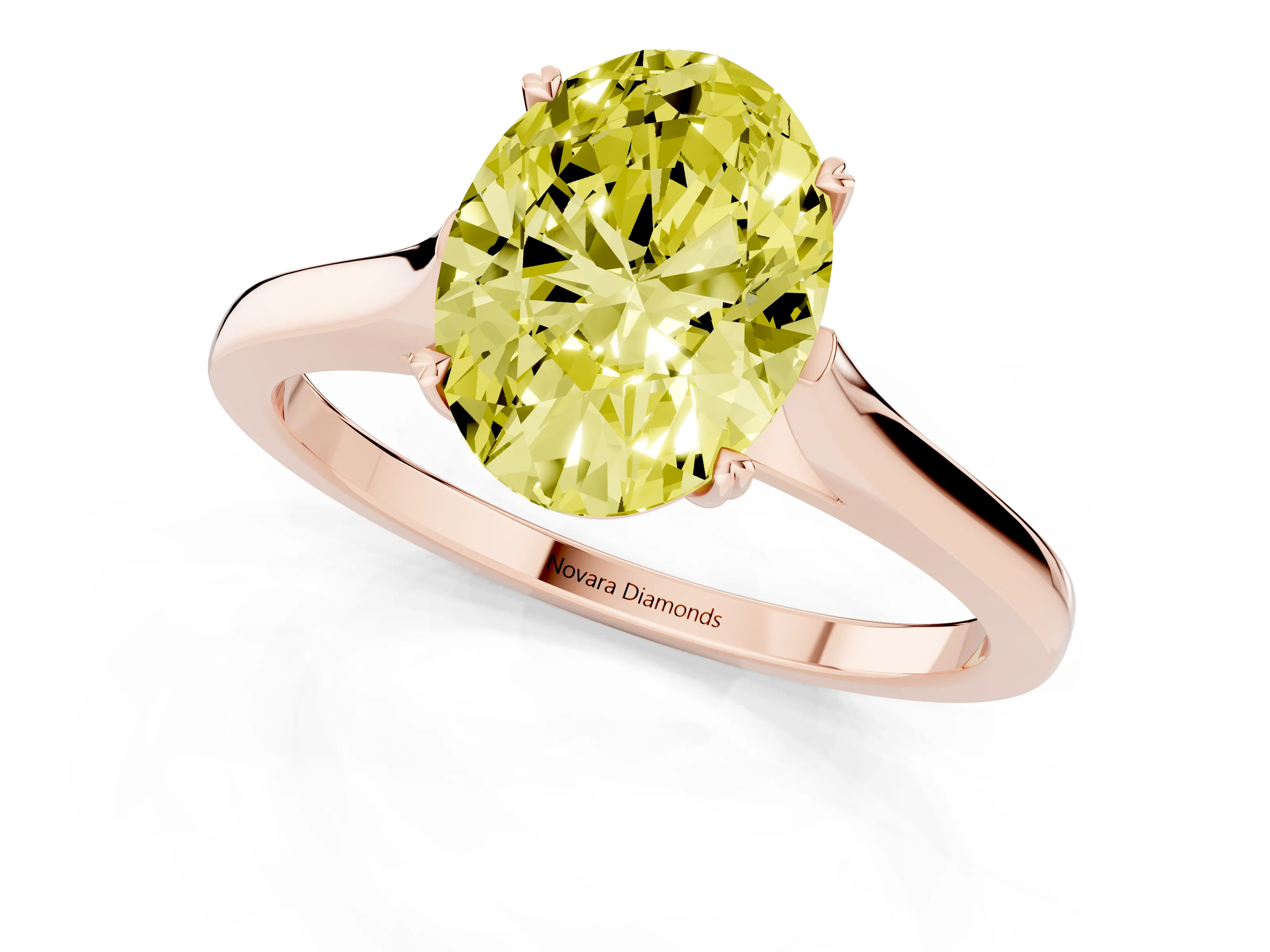 Fancy Yellow Oval Cut Diamond Solitaire Heart Prong Engagement Ring Set in Rose gold with Tapered Band