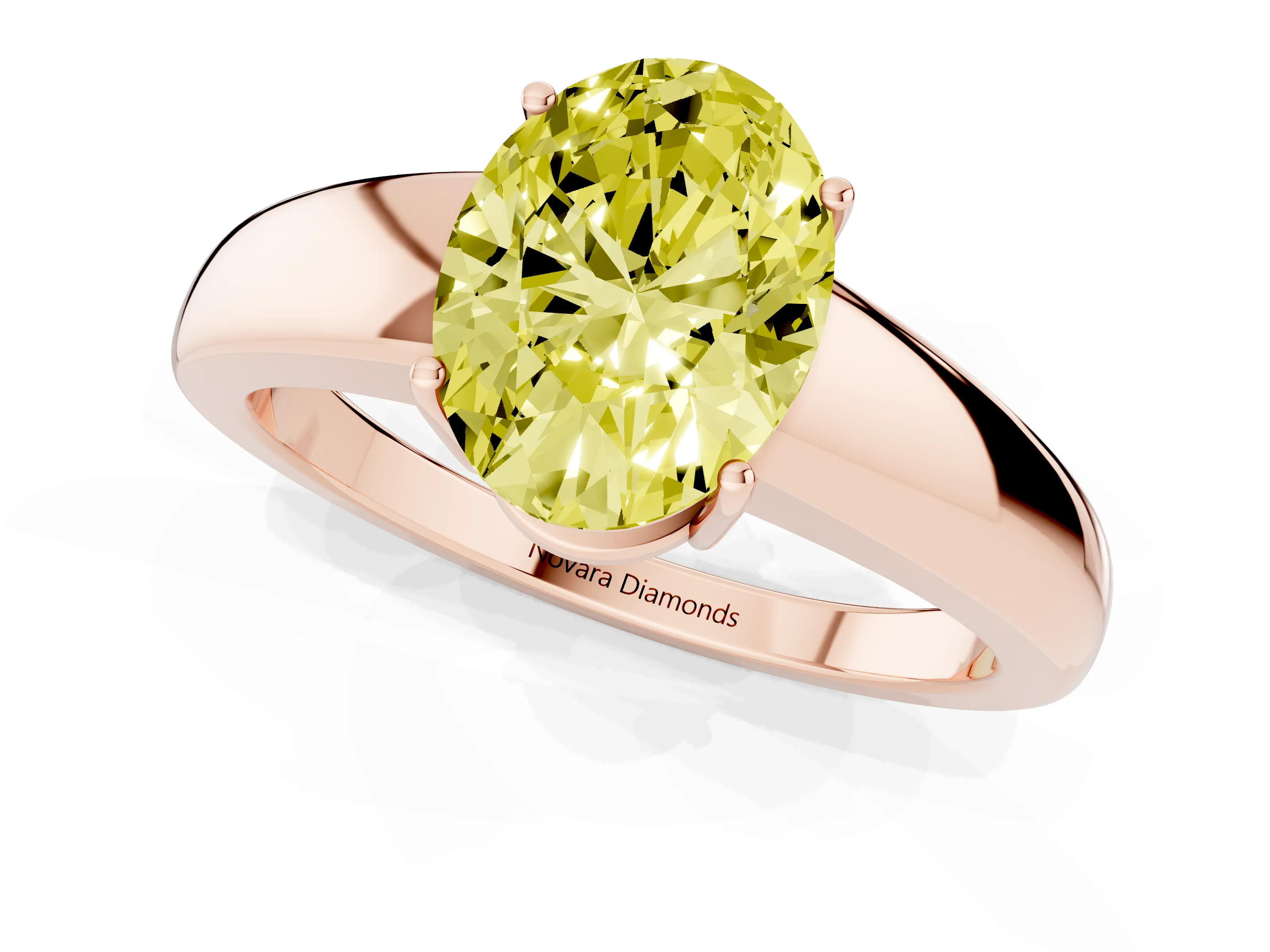Fancy Yellow Oval Cut Diamond Solitaire Ring Set in Rose gold with Tapered Band and Prong Setting