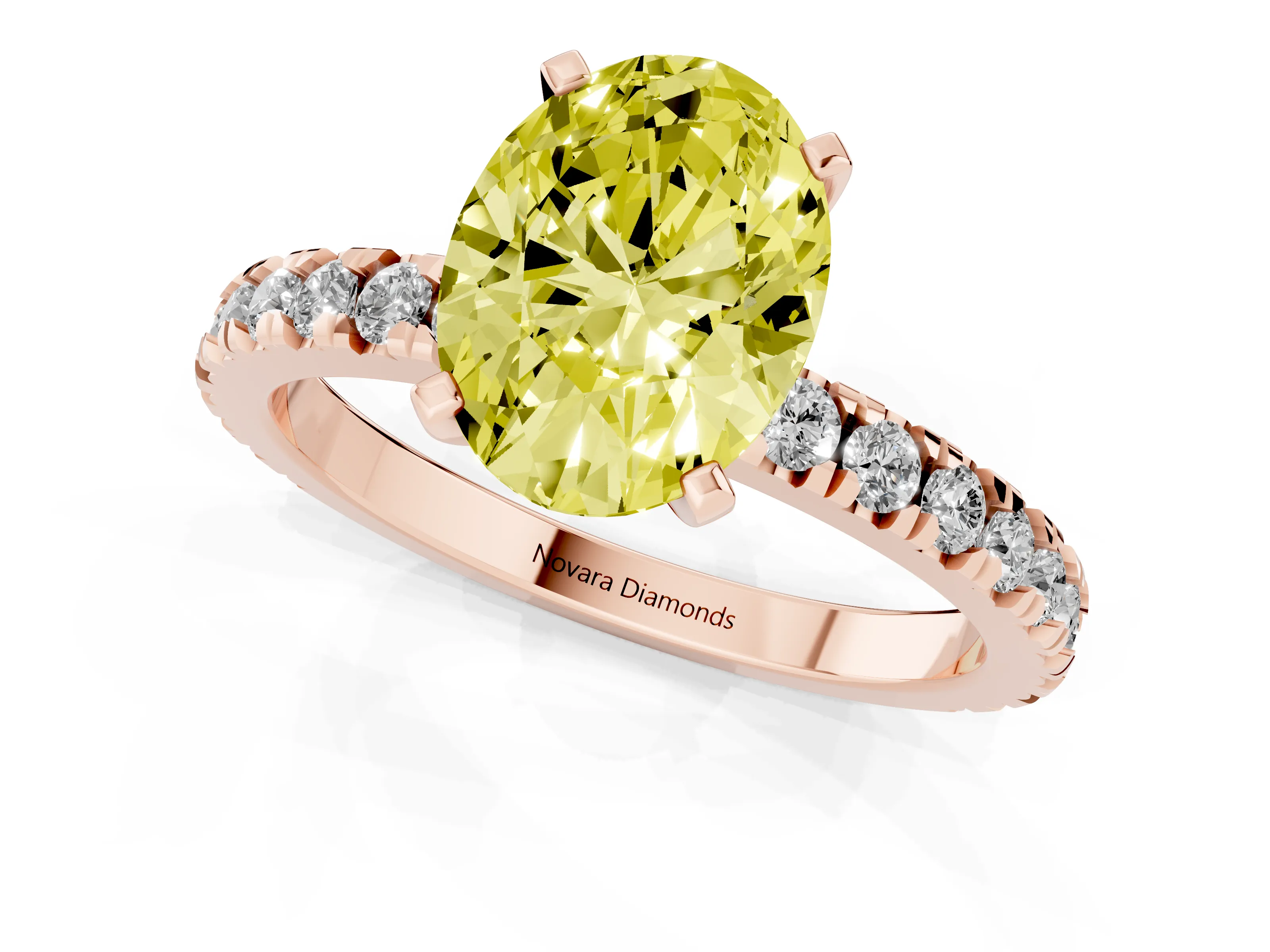 Fancy Yellow Oval Cut Diamond Pavé Band Solitaire Set in Rose gold with Prong Setting