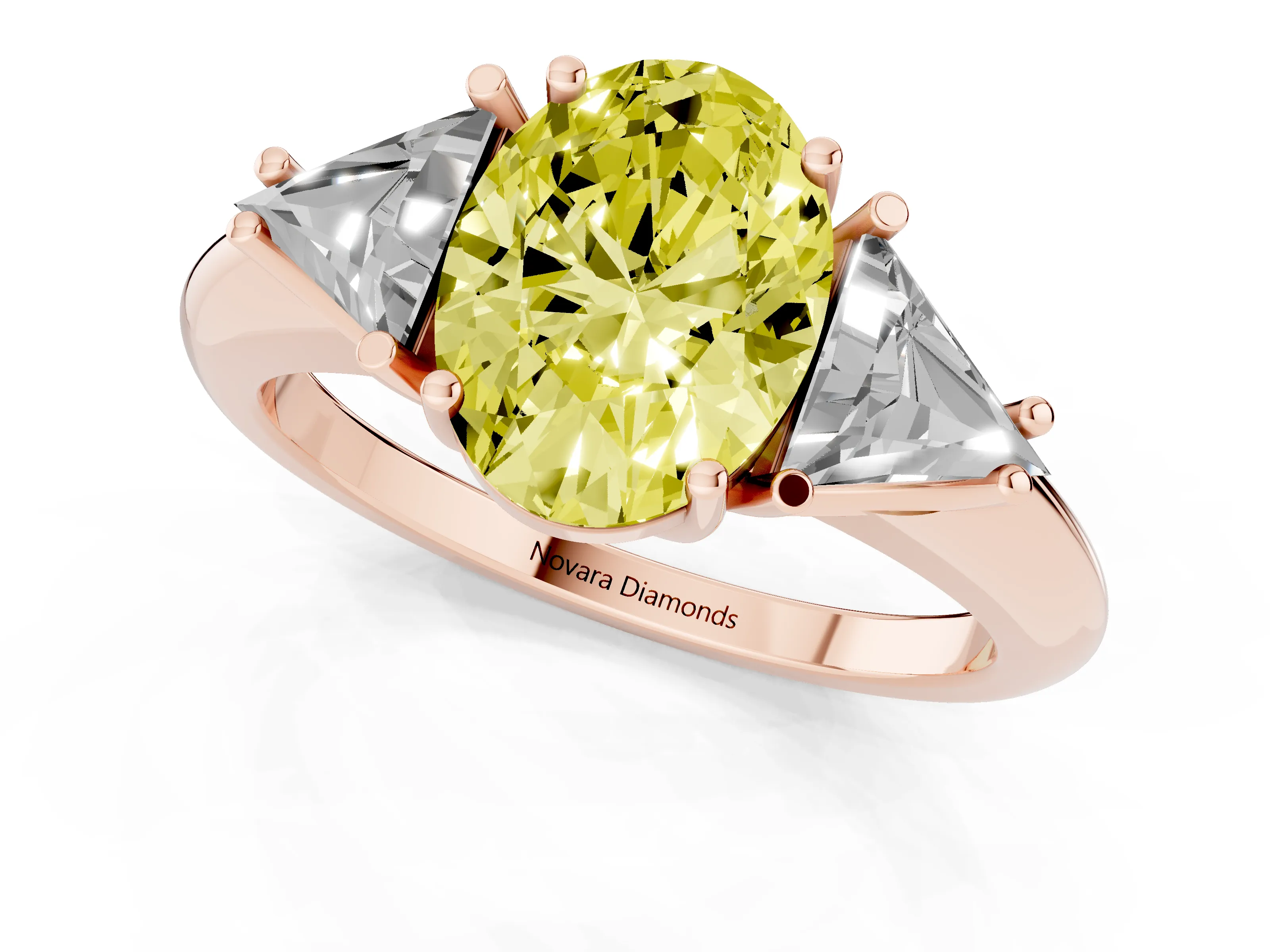 Fancy Yellow Oval Cut Diamond Three-Stone Engagement Ring Set in Rose gold with Trillion Side Stones