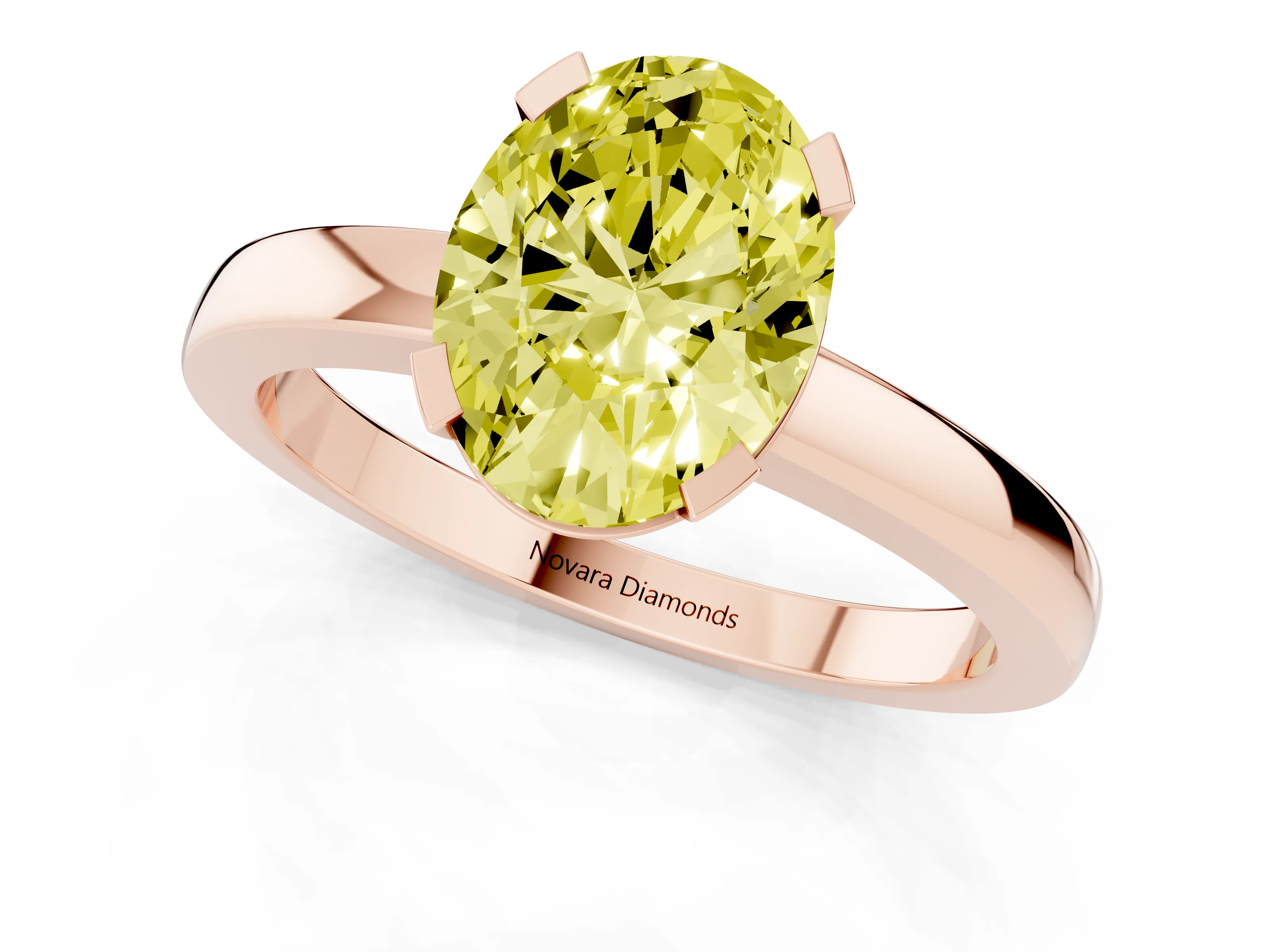 Fancy Yellow Oval Cut Diamond Solitaire Ring Set in Rose gold with Prong Head and Smooth Polished Band