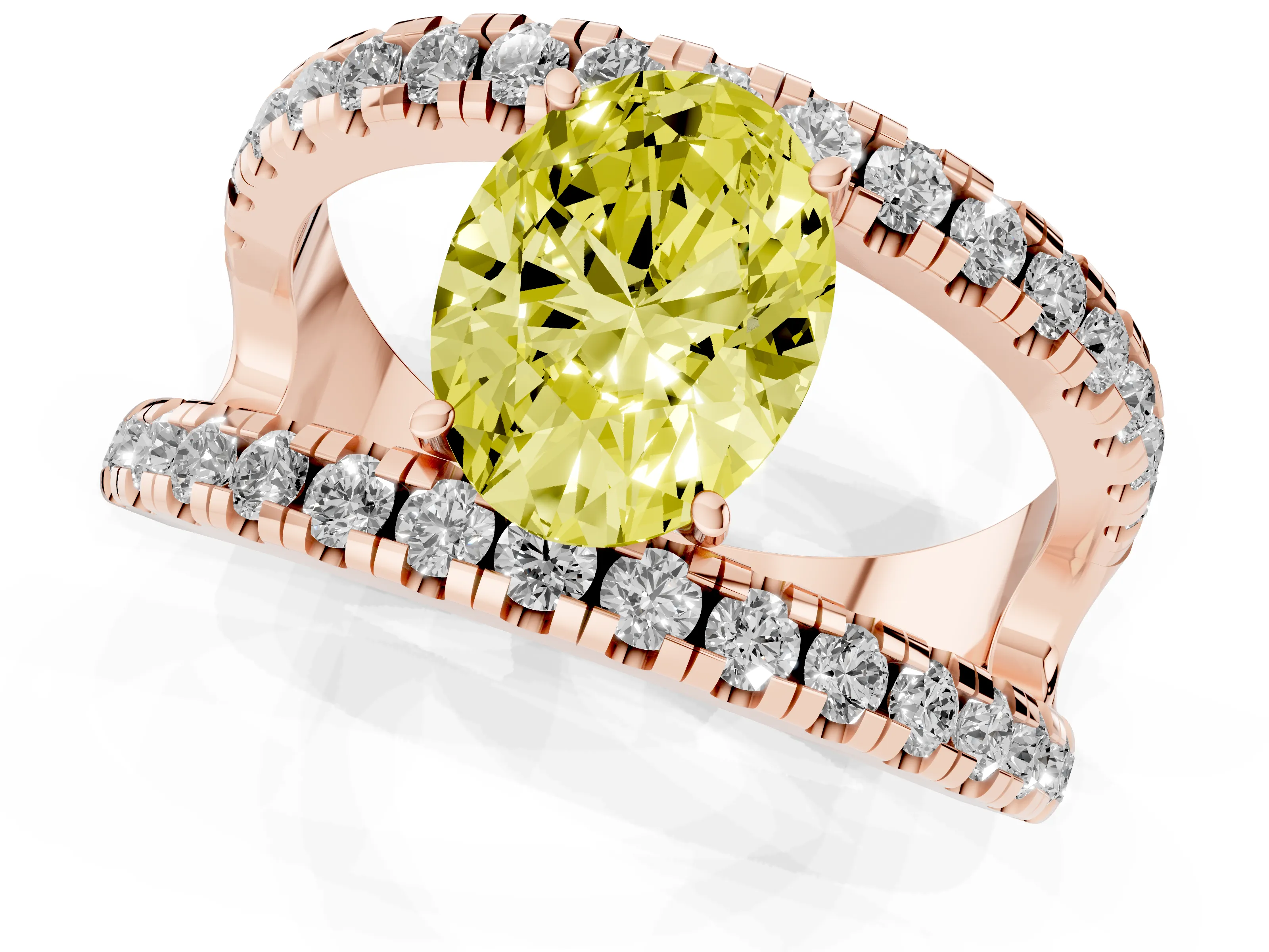 Fancy Yellow Oval Cut Diamond Split Shank Pavé Solitaire Ring Set in Rose gold with Open Shank Design