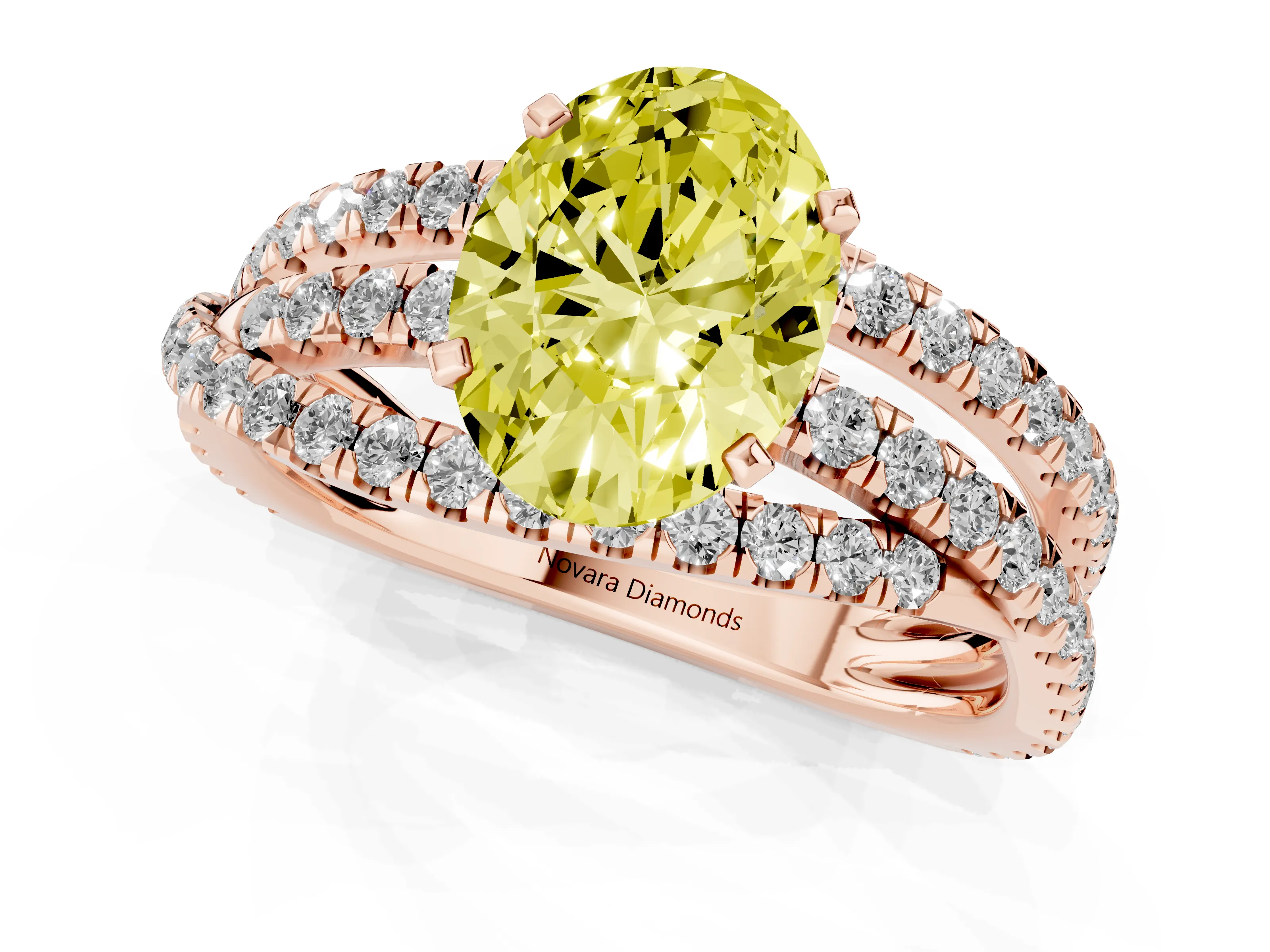 Fancy Yellow Oval Cut Diamond Solitaire Twist Band Ring Set in Rose gold with Pavé Setting and Prong Head
