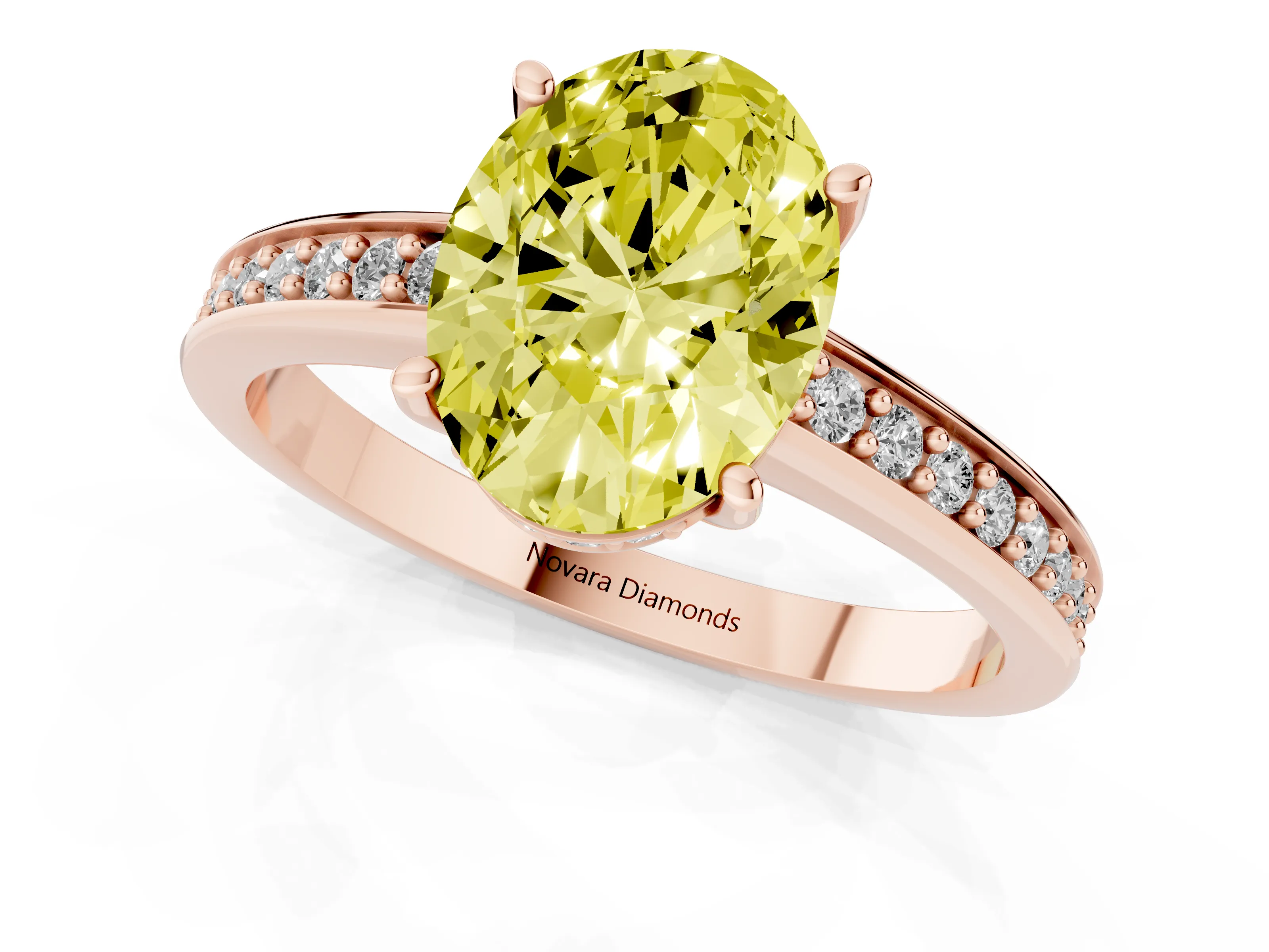 Fancy Yellow Oval Cut Diamond Pavé Band Prong Set Solitaire Ring Set in Rose gold