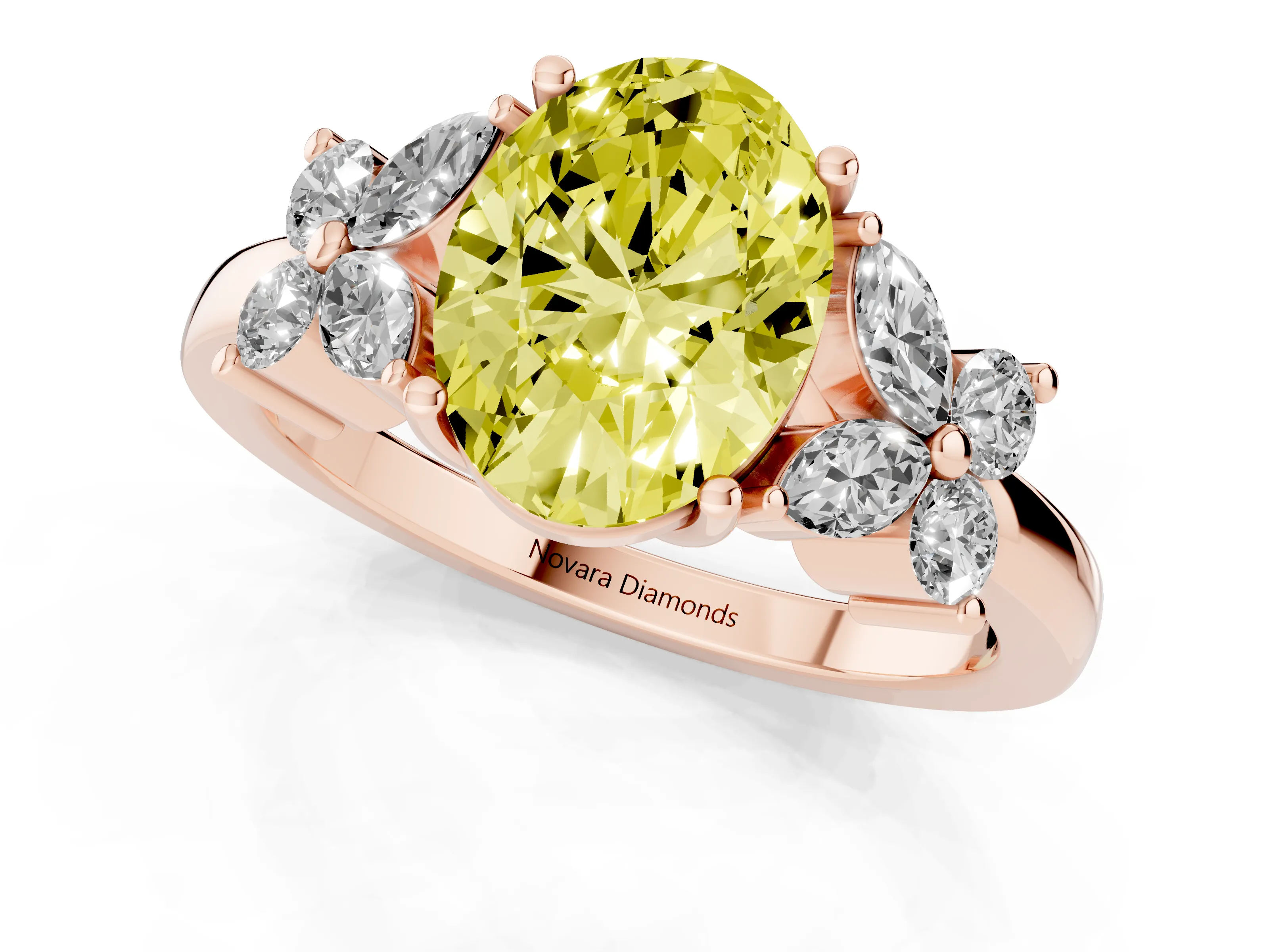Fancy Yellow Oval Cut Diamond Floral Cluster Ring Set in Rose gold with Marquise Petals and Prong Setting