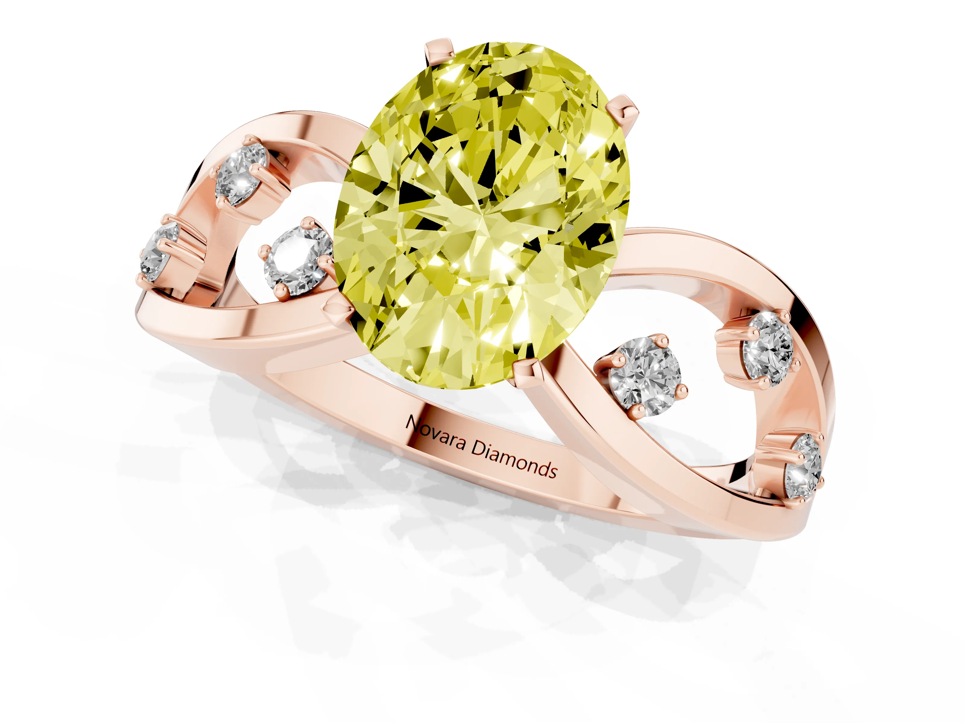 Fancy Yellow Oval Cut Diamond Solitaire Ring Set in Rose gold with Side Stones on Criss-Cross Band and Prong Setting