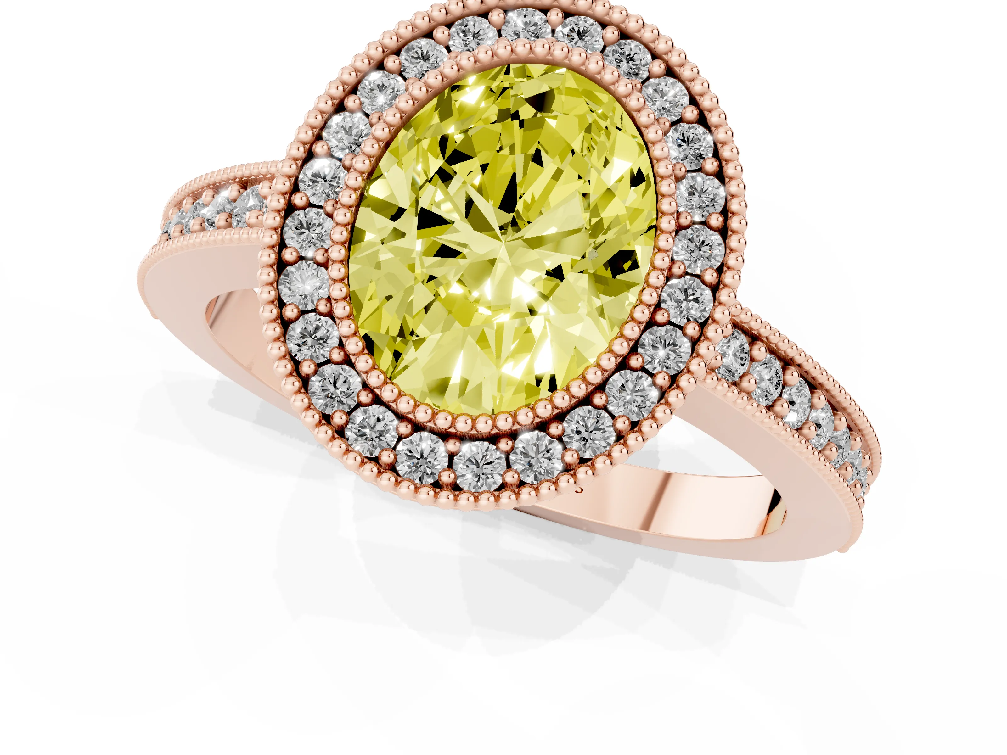 Fancy Yellow Oval Cut Diamond Halo Engagement Ring Set in Rose gold with Pavé Band and Round Halo Stones