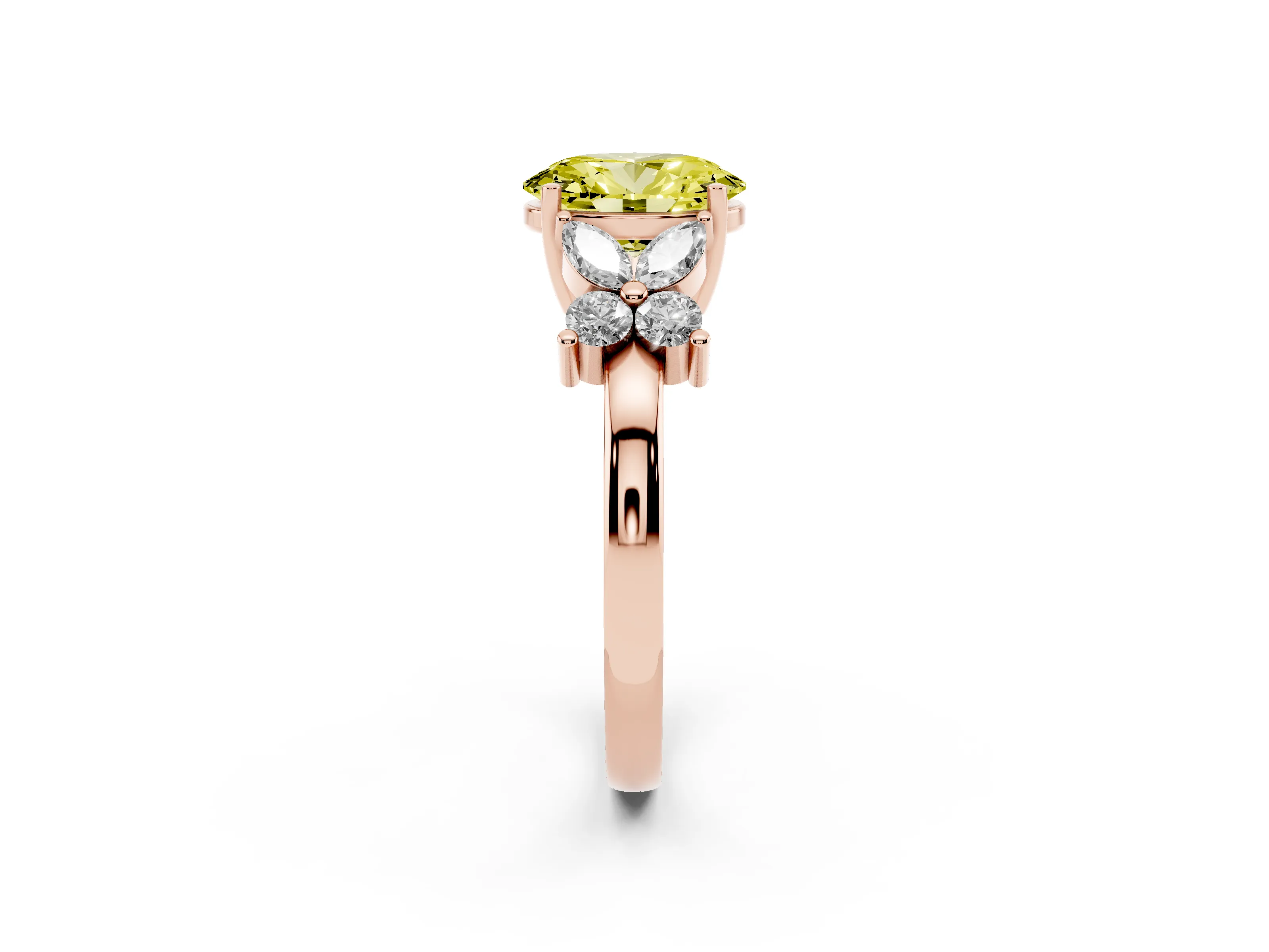 Fancy Yellow Oval Cut Diamond Floral Cluster Ring Set in Rose gold with Marquise Petals and Prong Setting