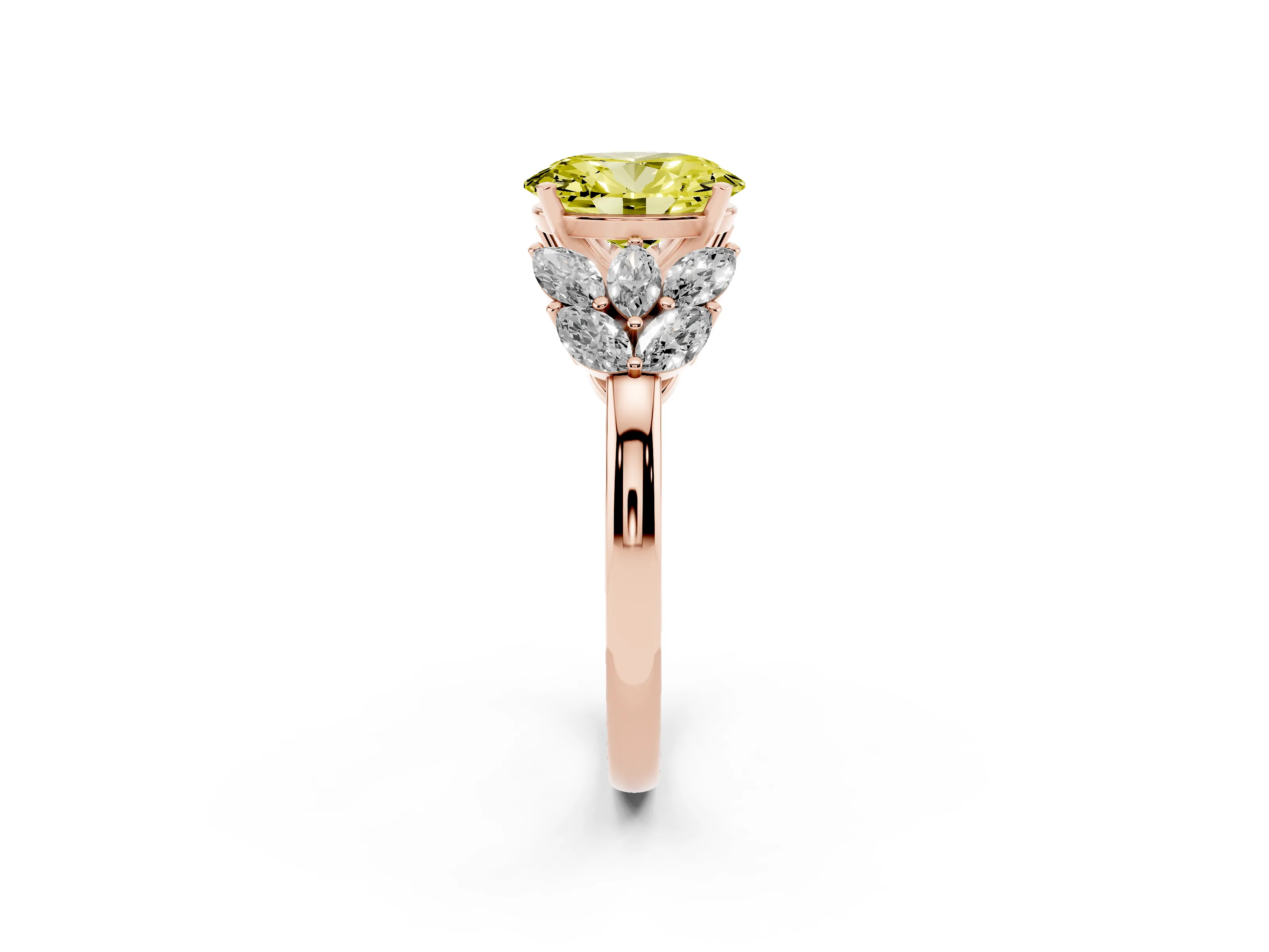 Fancy Yellow Oval Cut Diamond Cluster Leaf Design Ring Set in Rose gold with Prong Setting