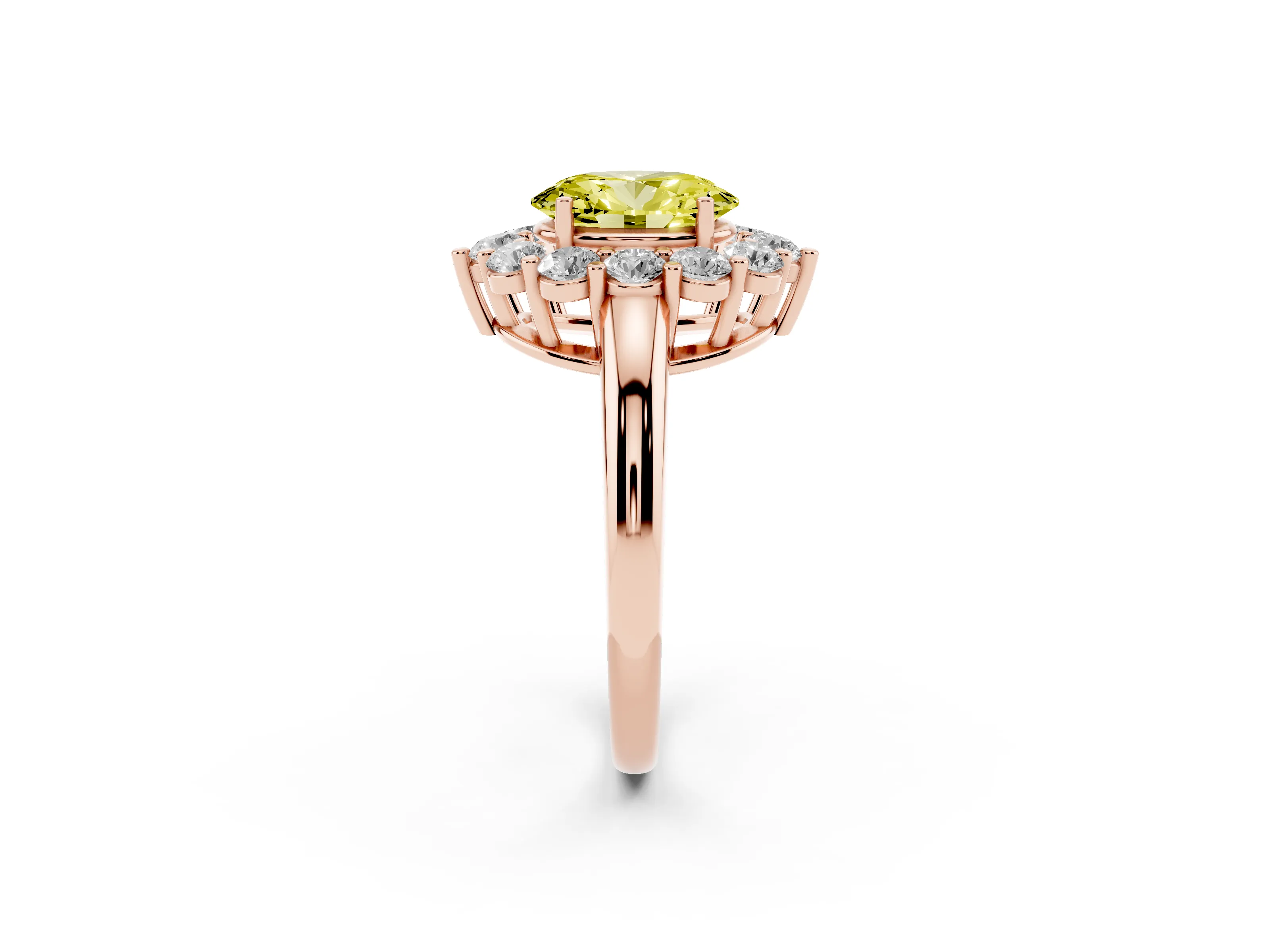 Fancy Yellow Oval Cut Diamond Halo Cluster Engagement Ring Set in Rose gold with Polished Band and Prong Setting