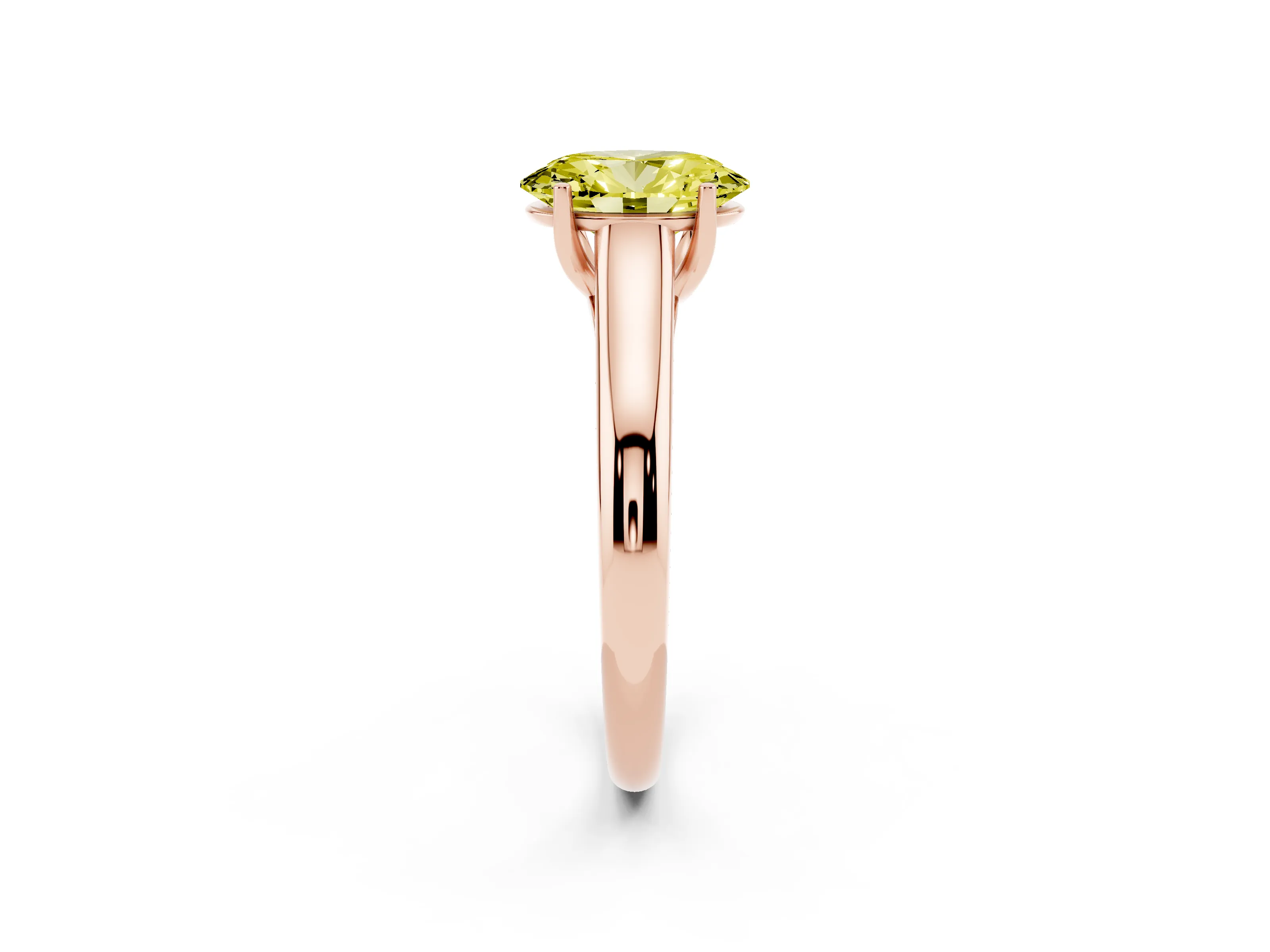 Fancy Yellow Oval Cut Diamond Solitaire Engagement Ring Set in Rose gold with Subtly Tapered Band and Prong Setting