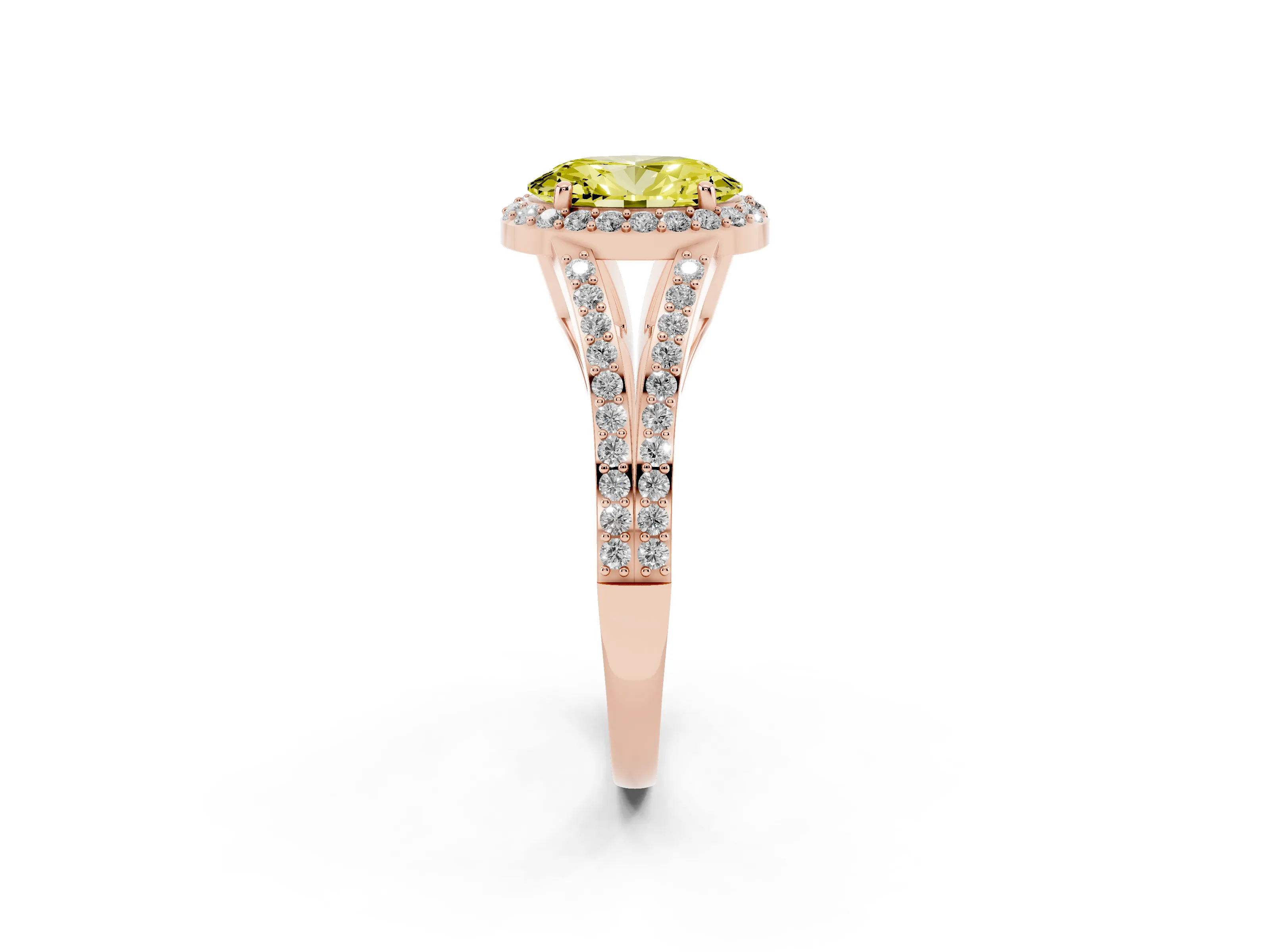 Fancy Yellow Oval Cut Diamond Halo Split Shank Ring Set in Rose gold with Accent Stones and Prong Setting