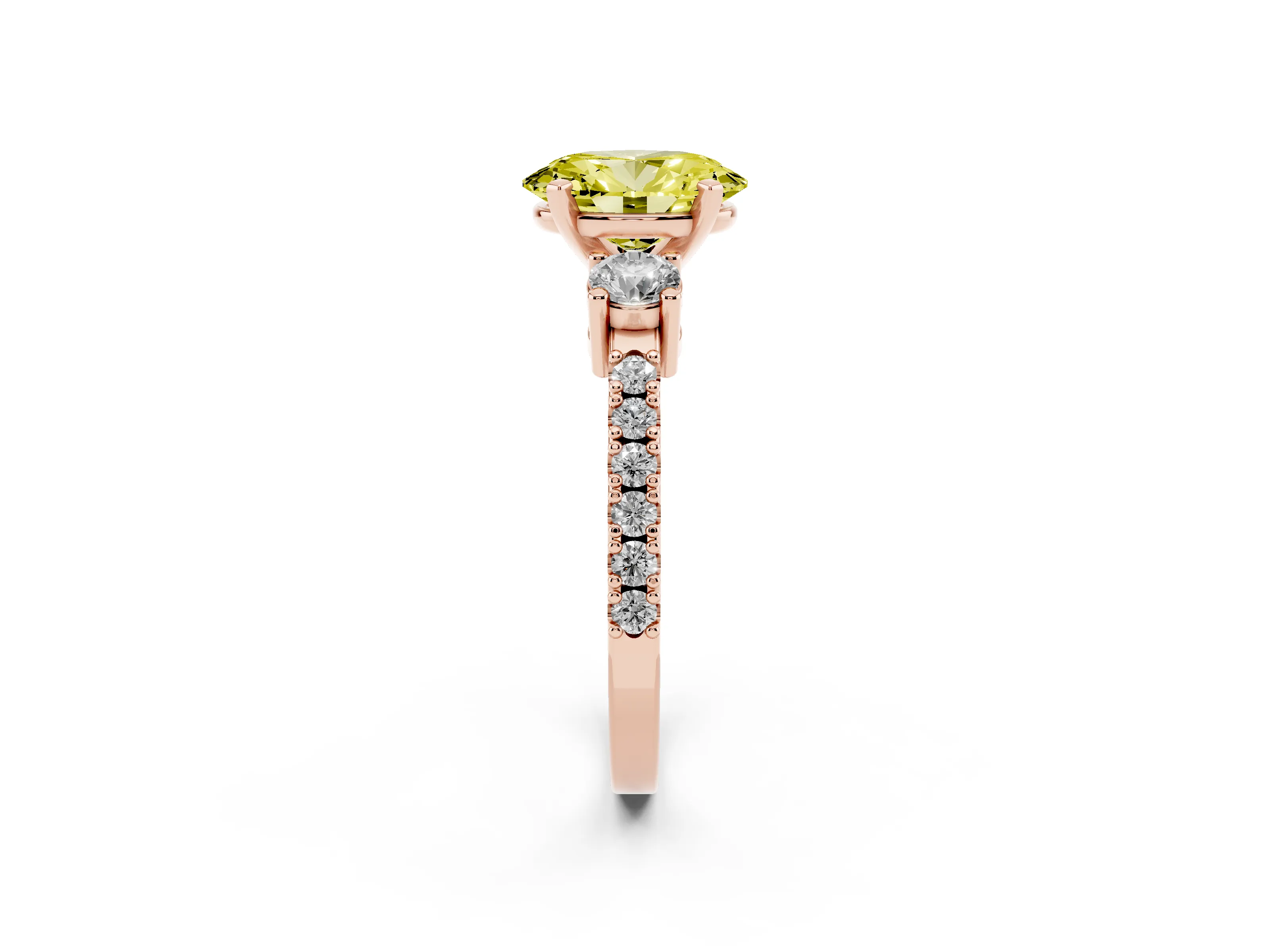 Fancy Yellow Three-Stone Oval Cut Diamond Pavé Band Ring Set in Rose gold with Prong Setting