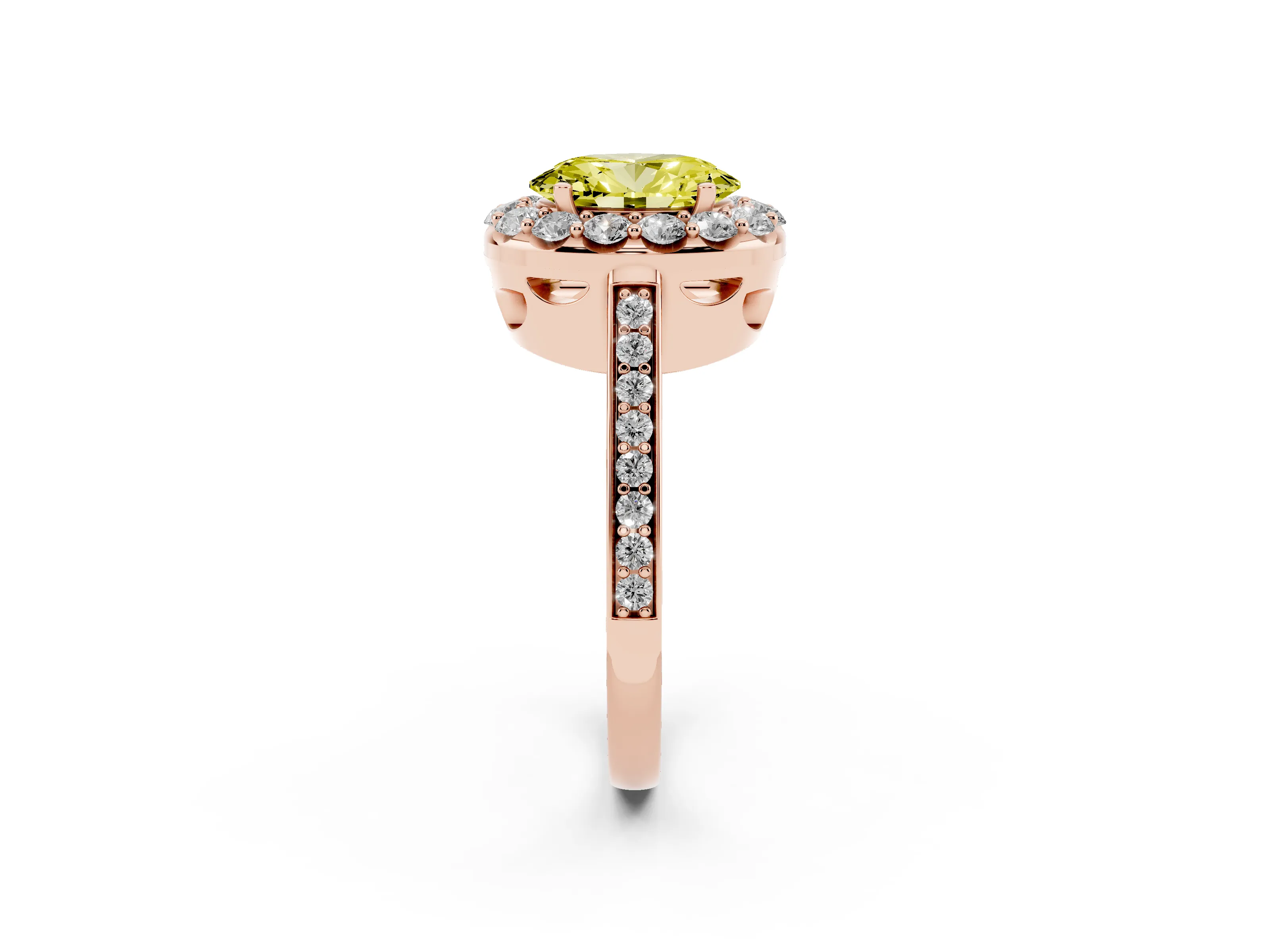 Fancy Yellow Oval Cut Diamond Floral Halo Ring Set in Rose gold with Pavé Band and Prong Setting