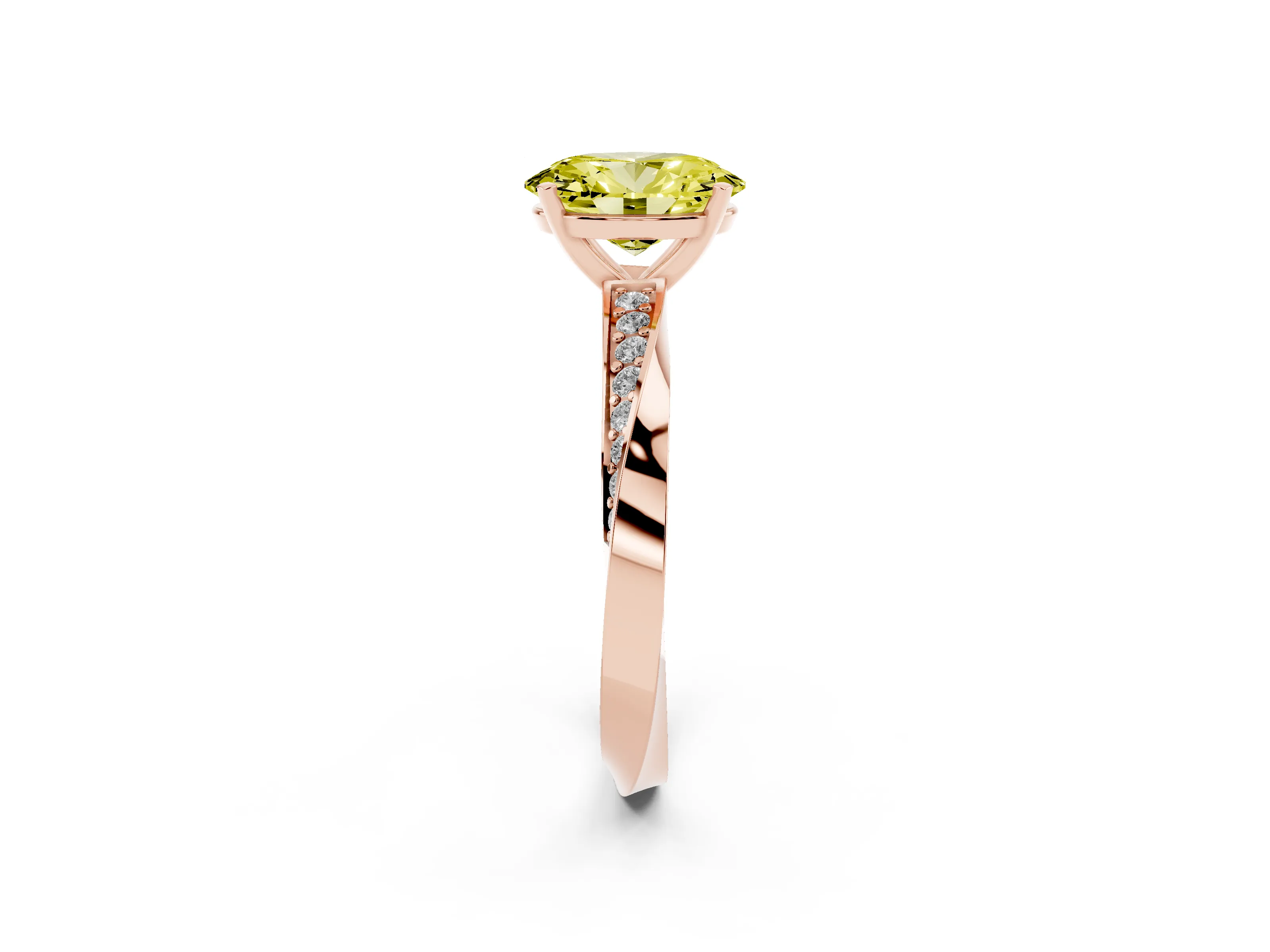Fancy Yellow Oval Cut Diamond Engagement Ring Set in Rose gold with Side Stone Accents and Prong Setting