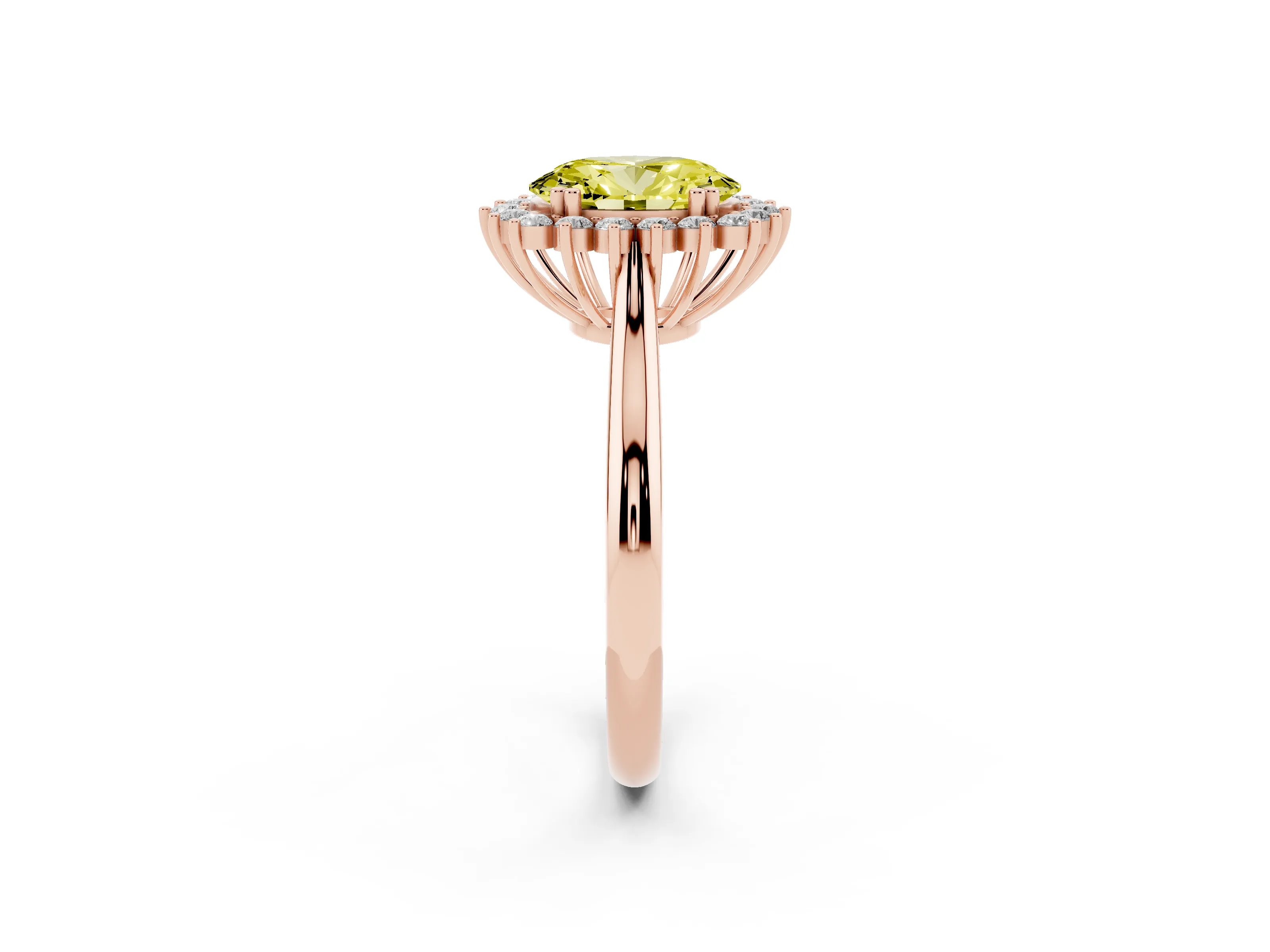 Fancy Yellow Oval Cut Diamond Halo Ring Set in Rose gold with Plain Solitaire Band and Prong Setting