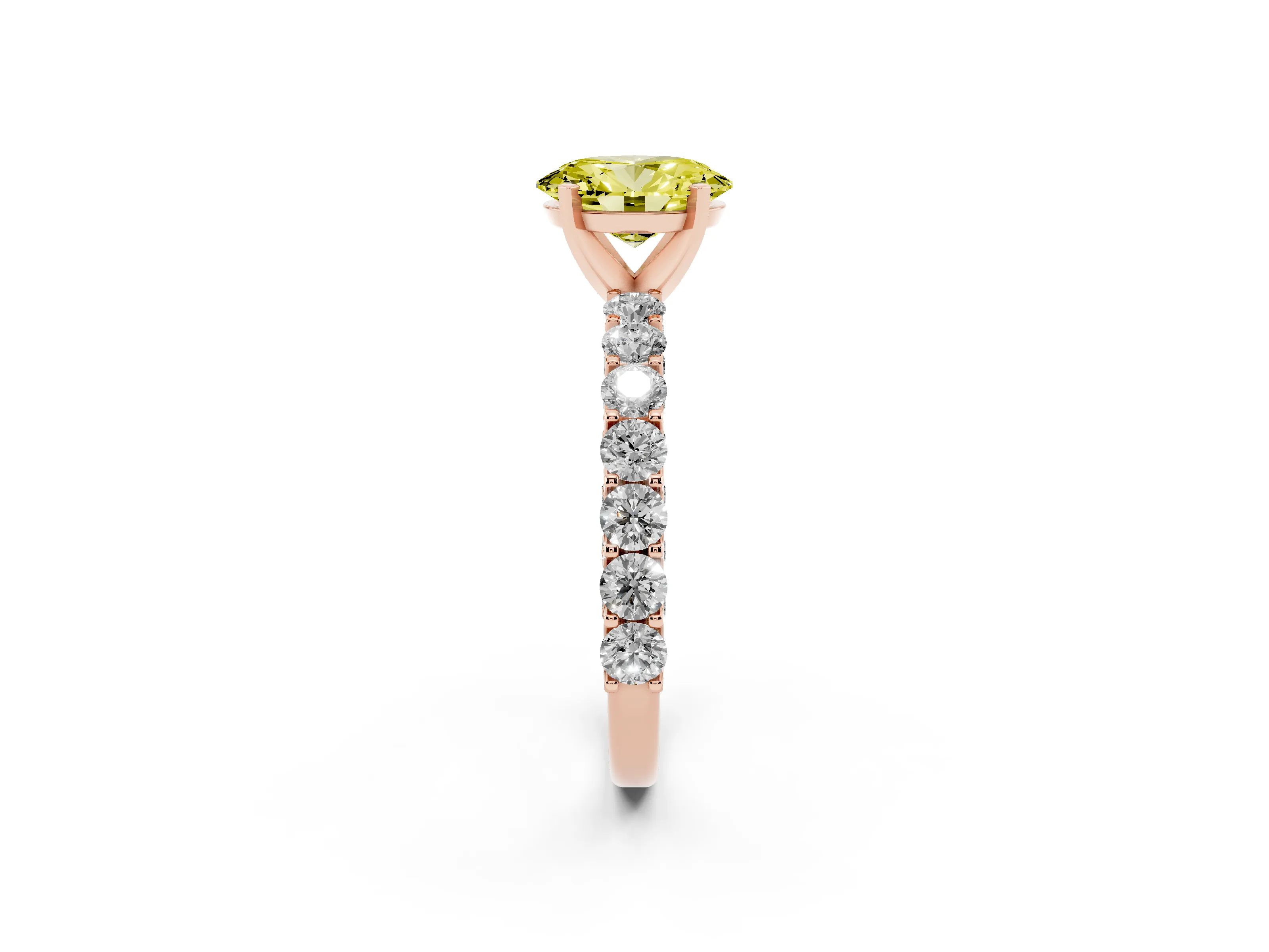 Fancy Yellow Oval Cut Diamond Solitaire Ring Set in Rose gold with Shared Prong Pavé Band