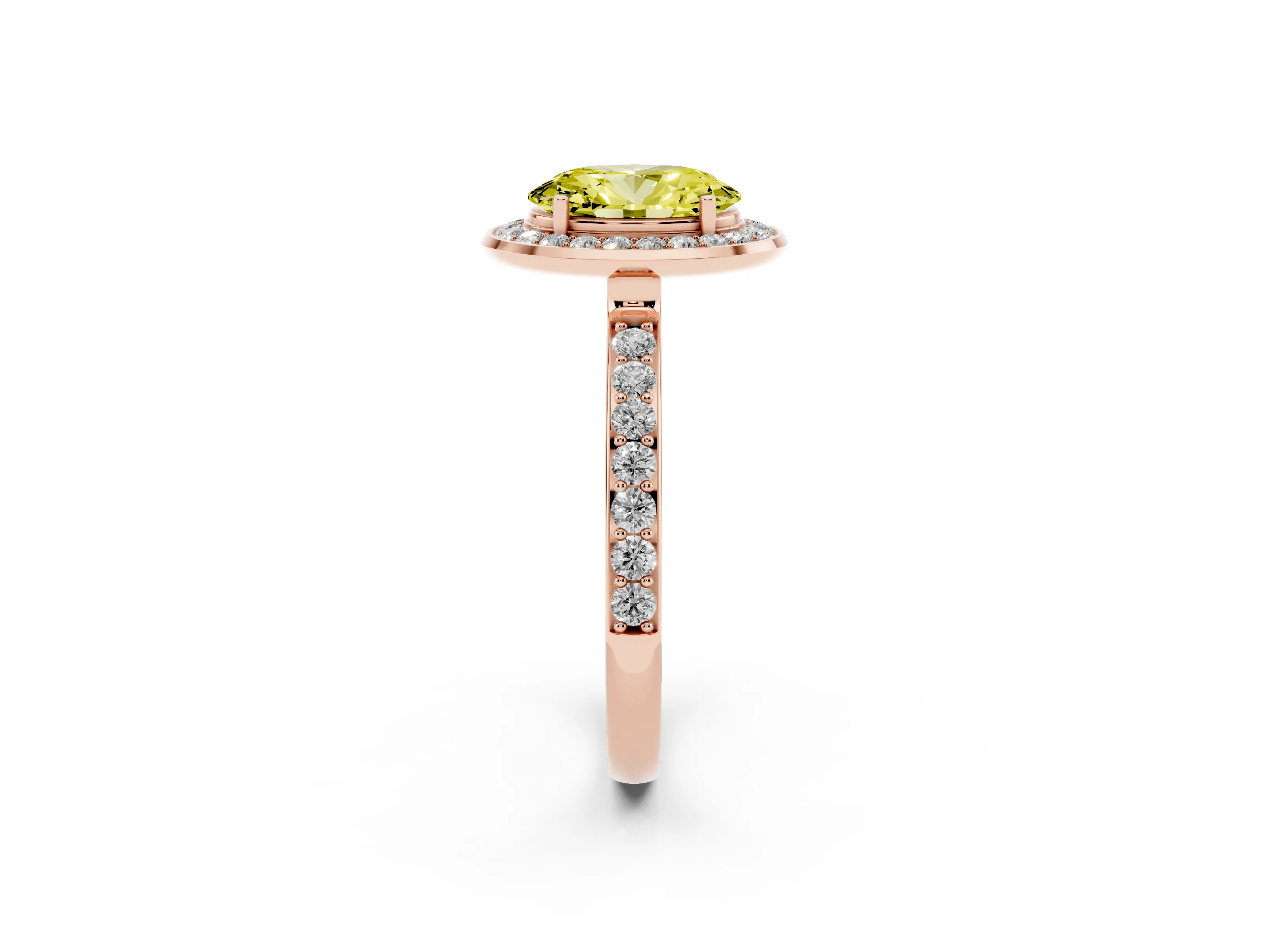 Fancy Yellow Oval Cut Diamond Halo Ring Set in Rose gold with Bezel Frame and Pavé Band