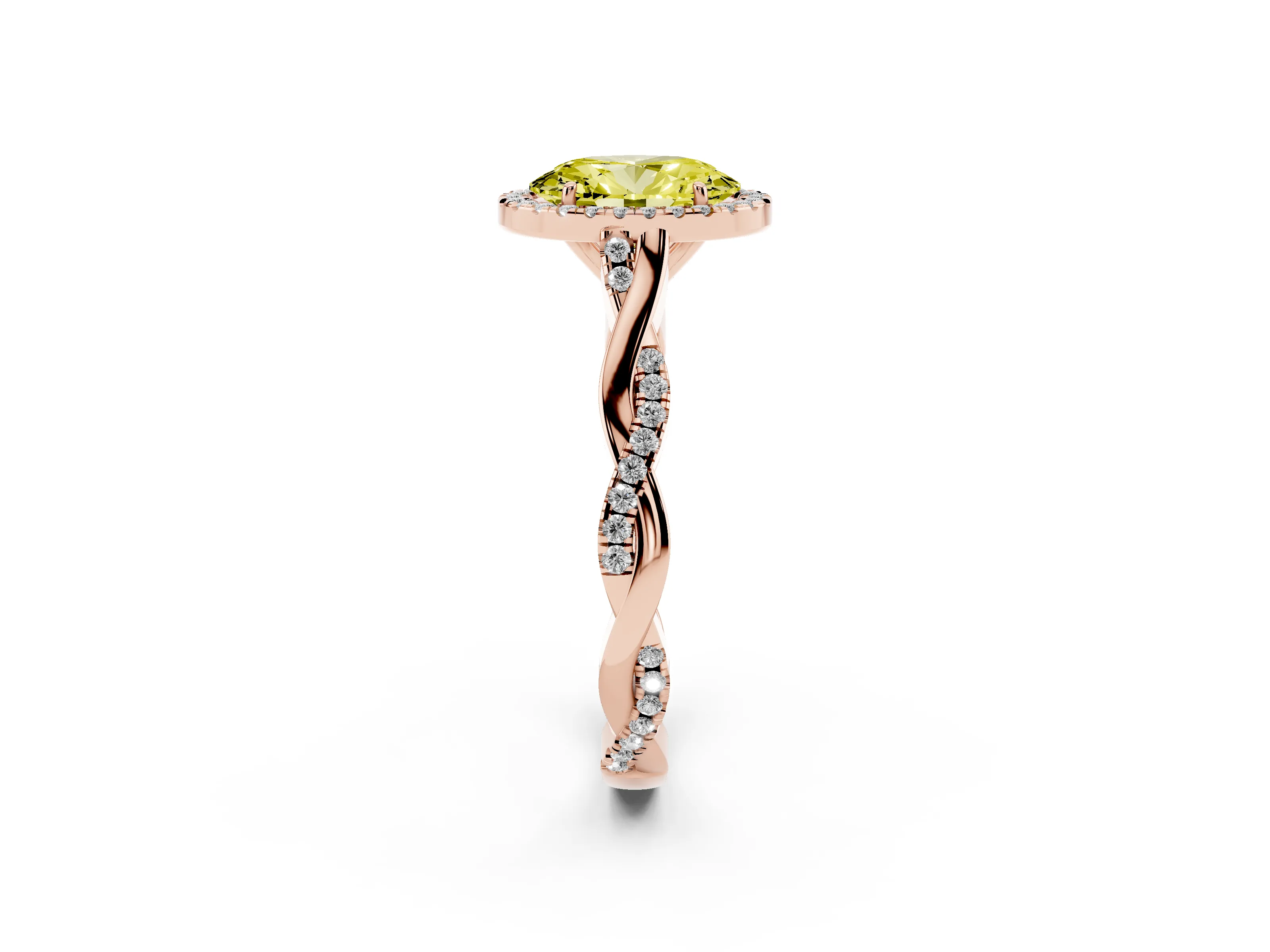 Fancy Yellow Oval Cut Diamond Halo Twist Band Solitaire Ring Set in Rose gold with Prong Setting