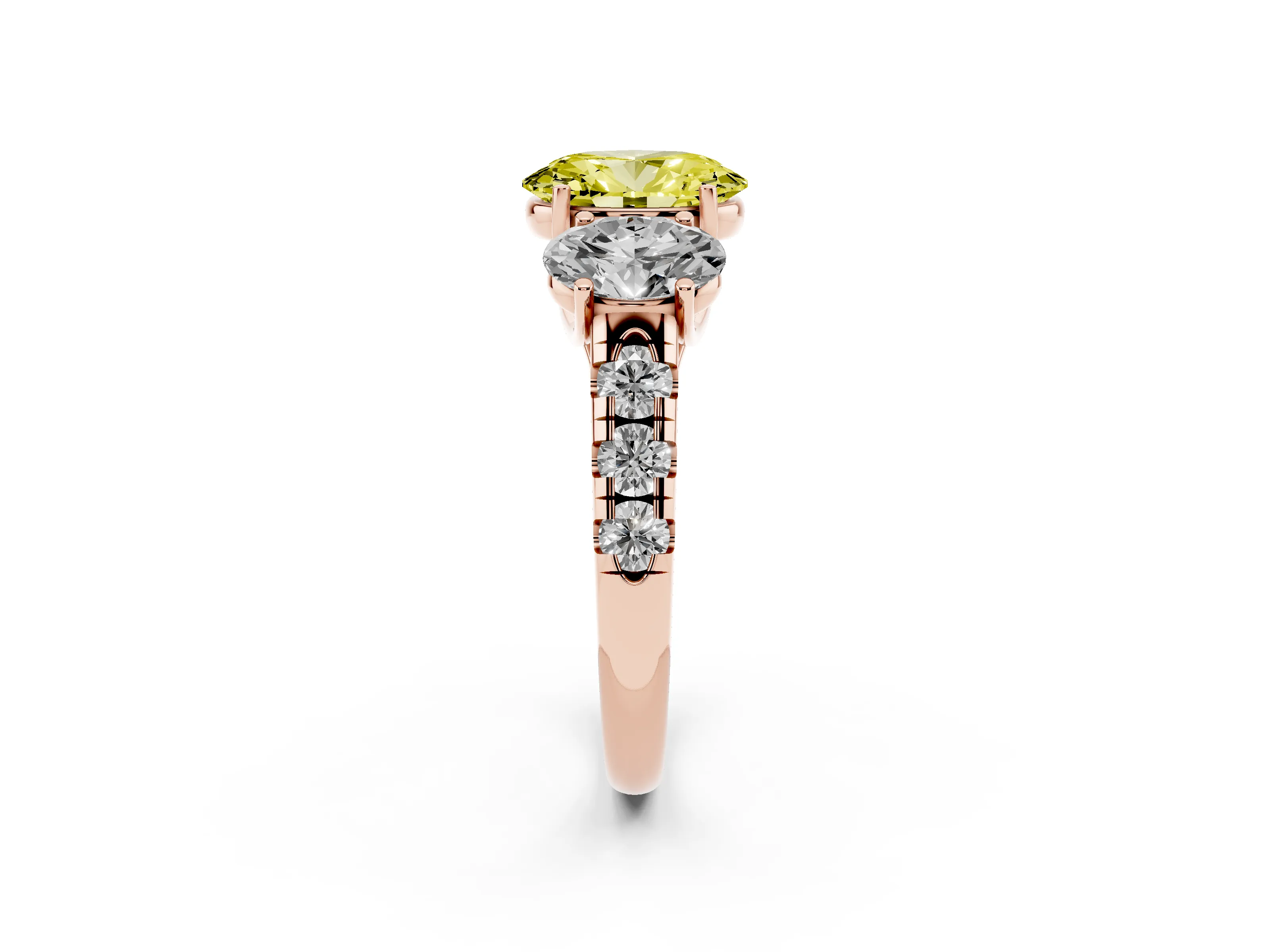Fancy Yellow Oval Cut Diamond Three-Stone Ring Set in Rose gold with Pavé Band