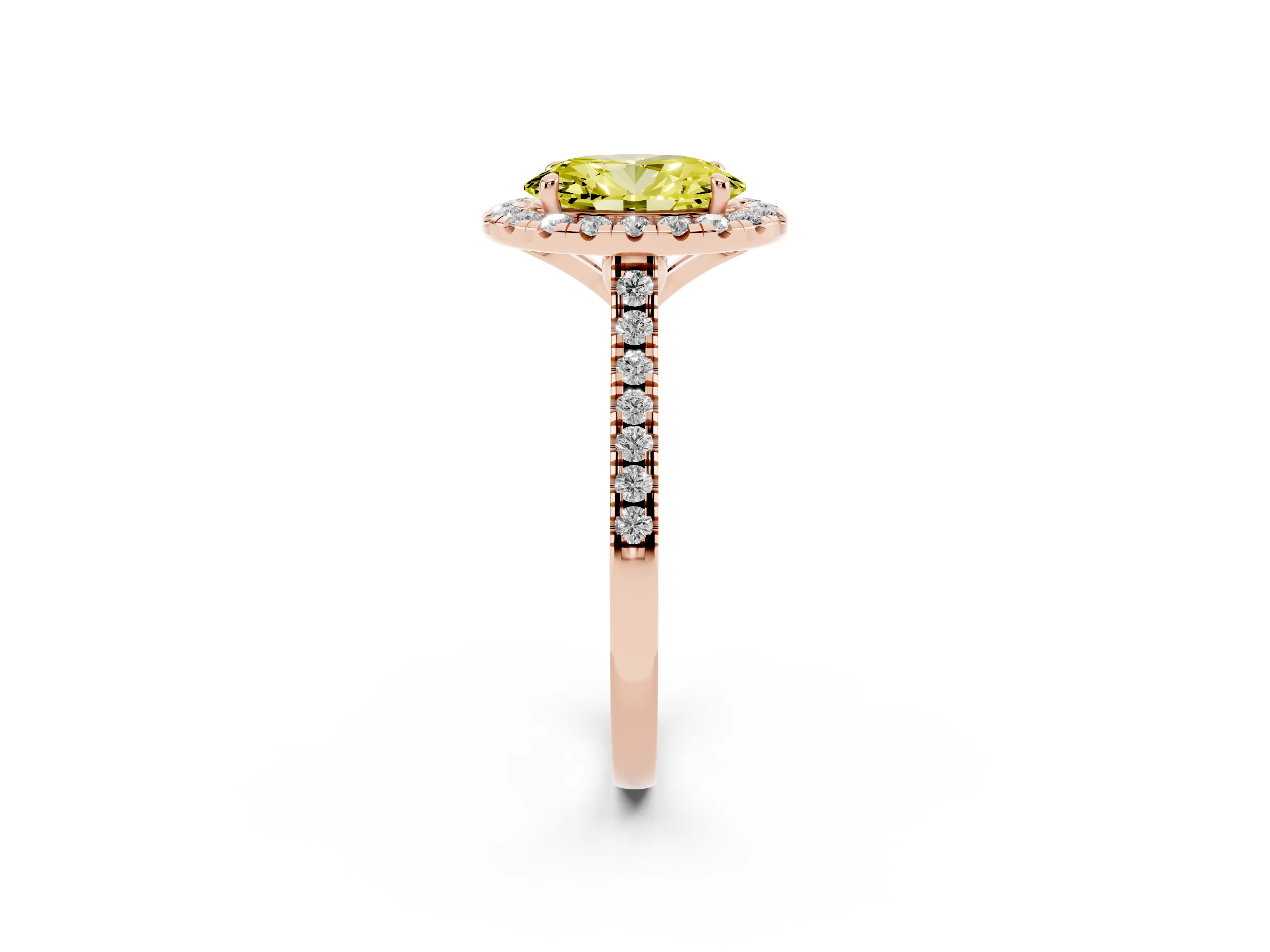Fancy Yellow Oval Cut Diamond Cushion Halo Ring Set in Rose gold with Pavé Band