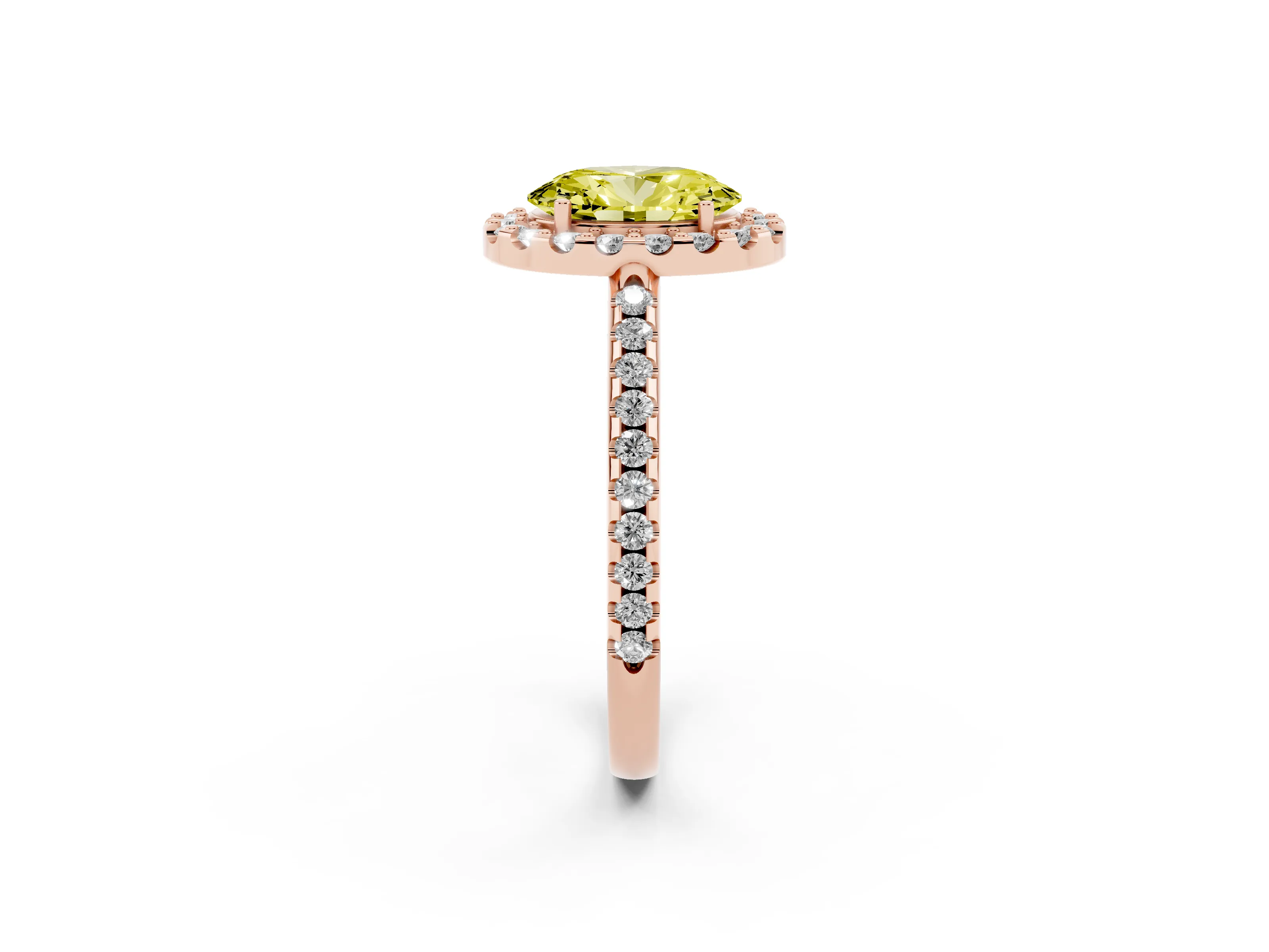 Fancy Yellow Oval Cut Diamond Pavé Halo Ring Set in Rose gold with Prong Setting