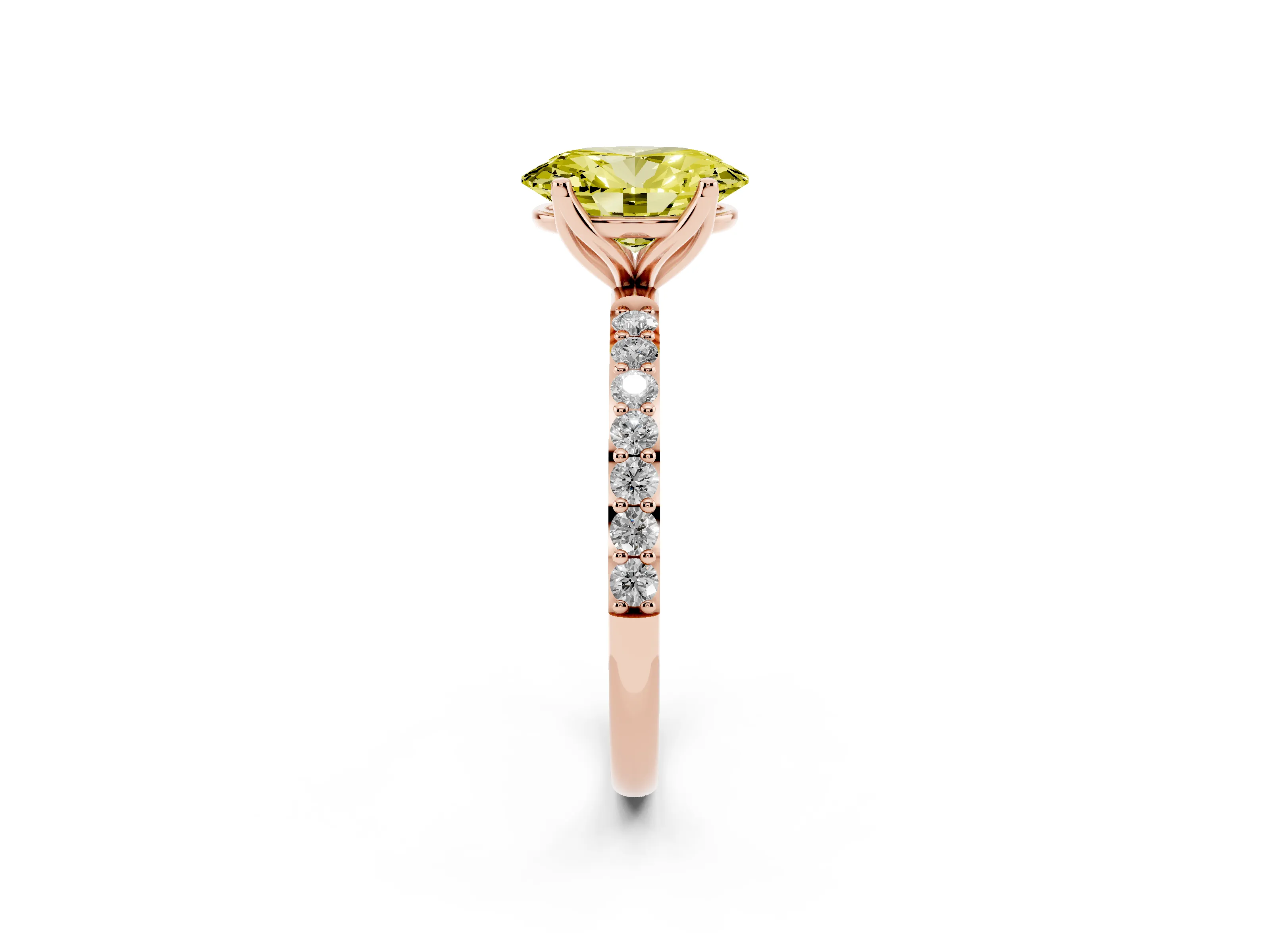 Fancy Yellow Oval Cut Diamond Solitaire Engagement Ring Set in Rose gold with Round Pavé Band and Prong Setting