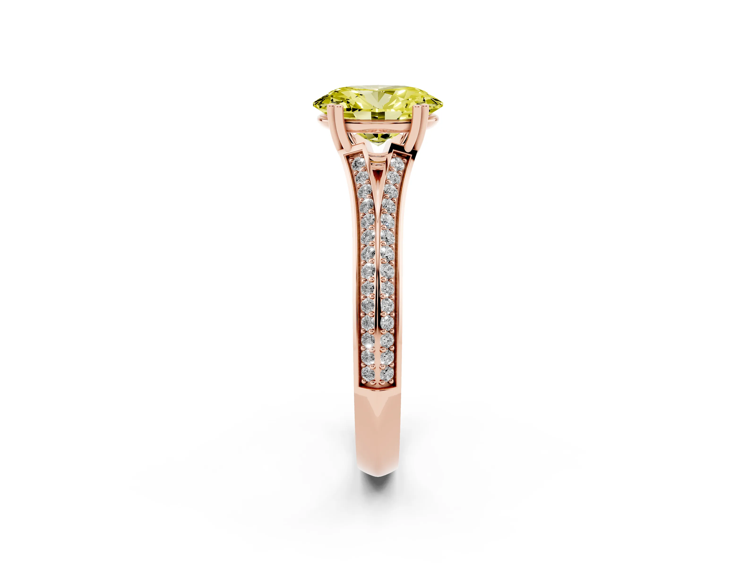 Fancy Yellow Oval Cut Diamond Split Shank Pavé Engagement Ring Set in Rose gold with Prong-Set Center Stone