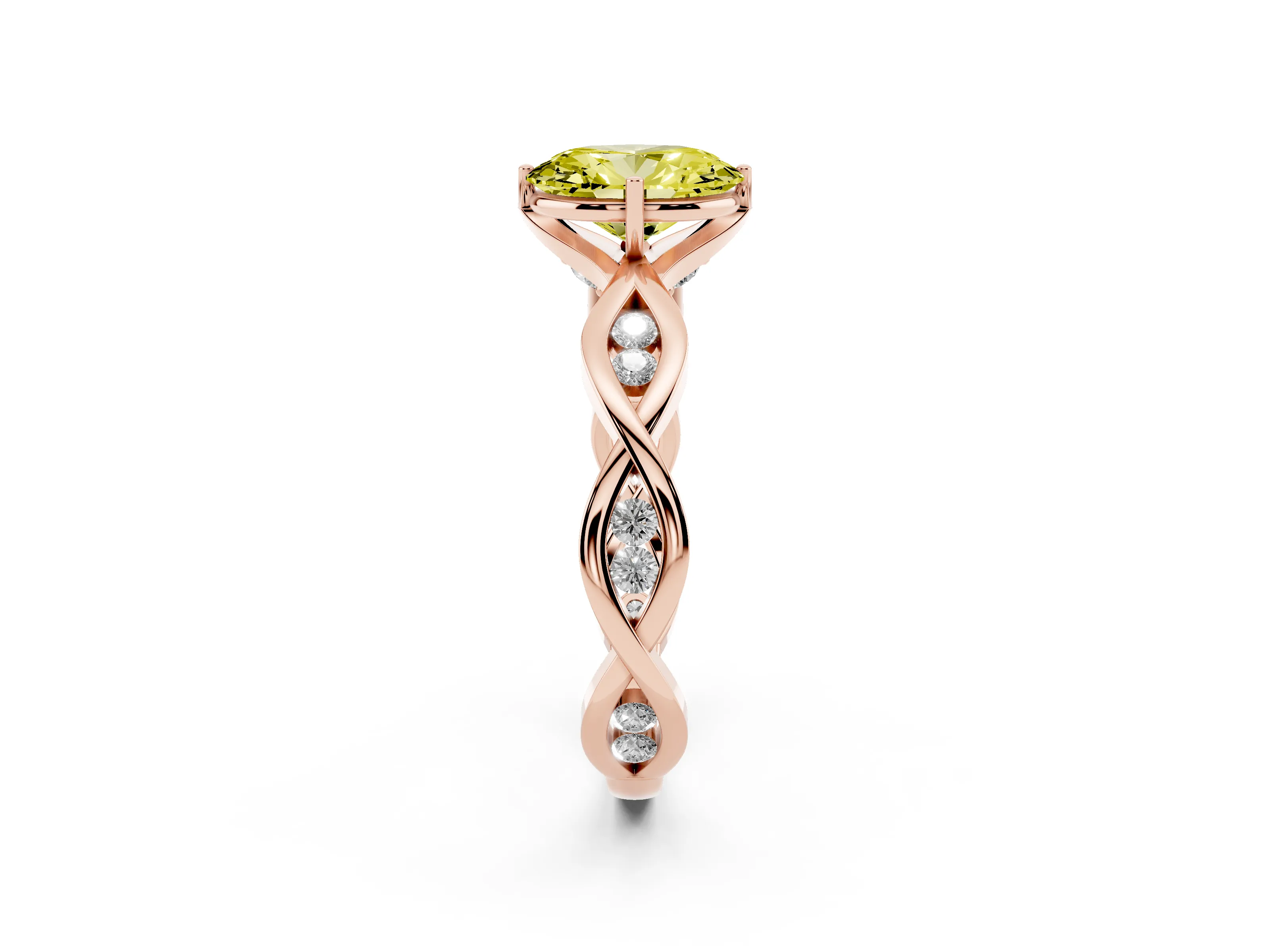 Fancy Yellow Oval Cut Diamond Twist Band Solitaire Ring Set in Rose gold with Leaf Prong Setting and Accent Stones