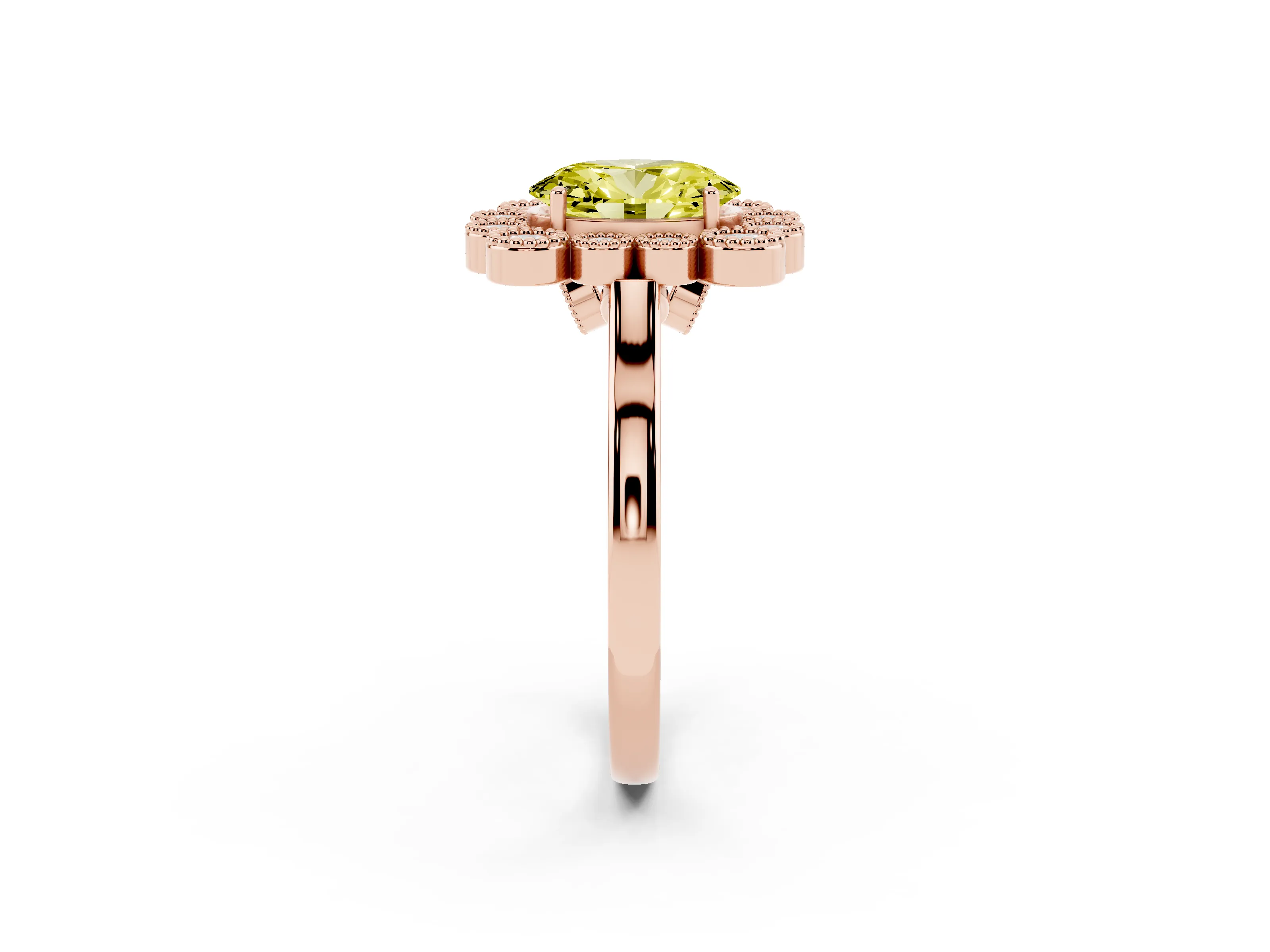 Fancy Yellow Oval Cut Diamond Cluster Halo Ring Set in Rose gold with Milgrain Bezel Accents and Plain Band