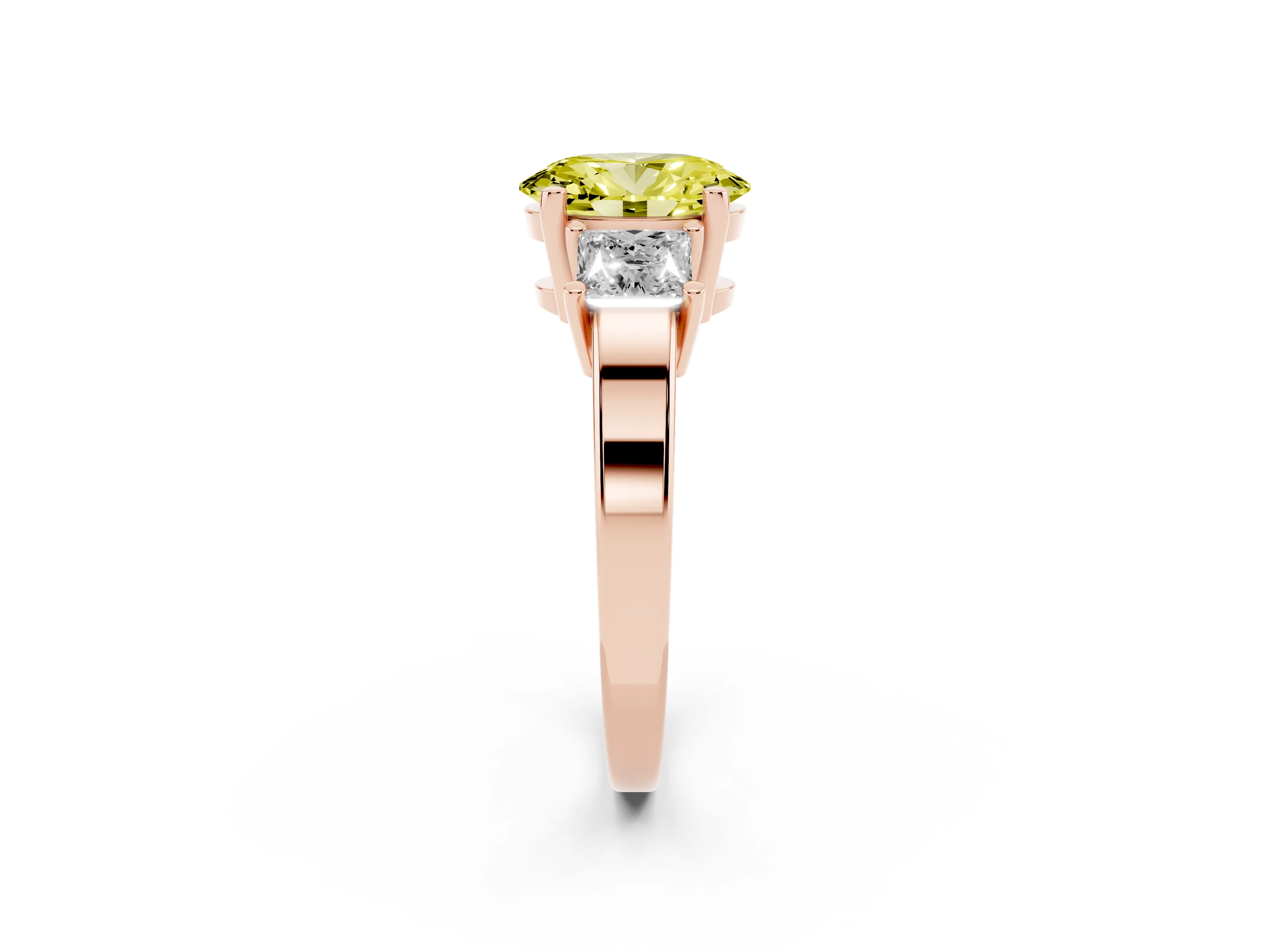 Fancy Yellow Three-Stone Oval Cut Diamond Solitaire Ring Set in Rose gold with Prong Setting
