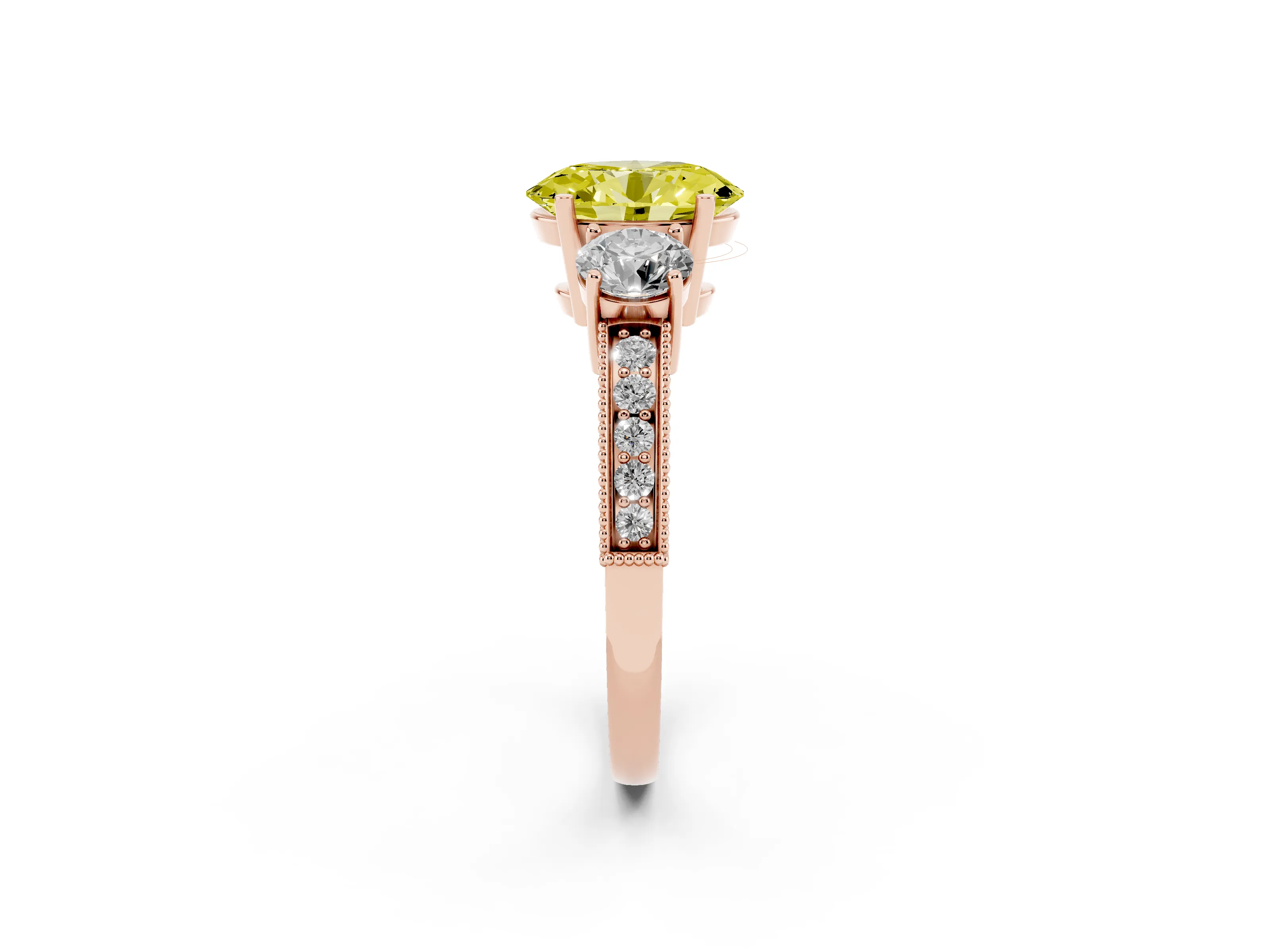 Fancy Yellow Oval Cut Diamond Three-Stone Ring Set in Rose gold with Round Side Stones and Pavé Band