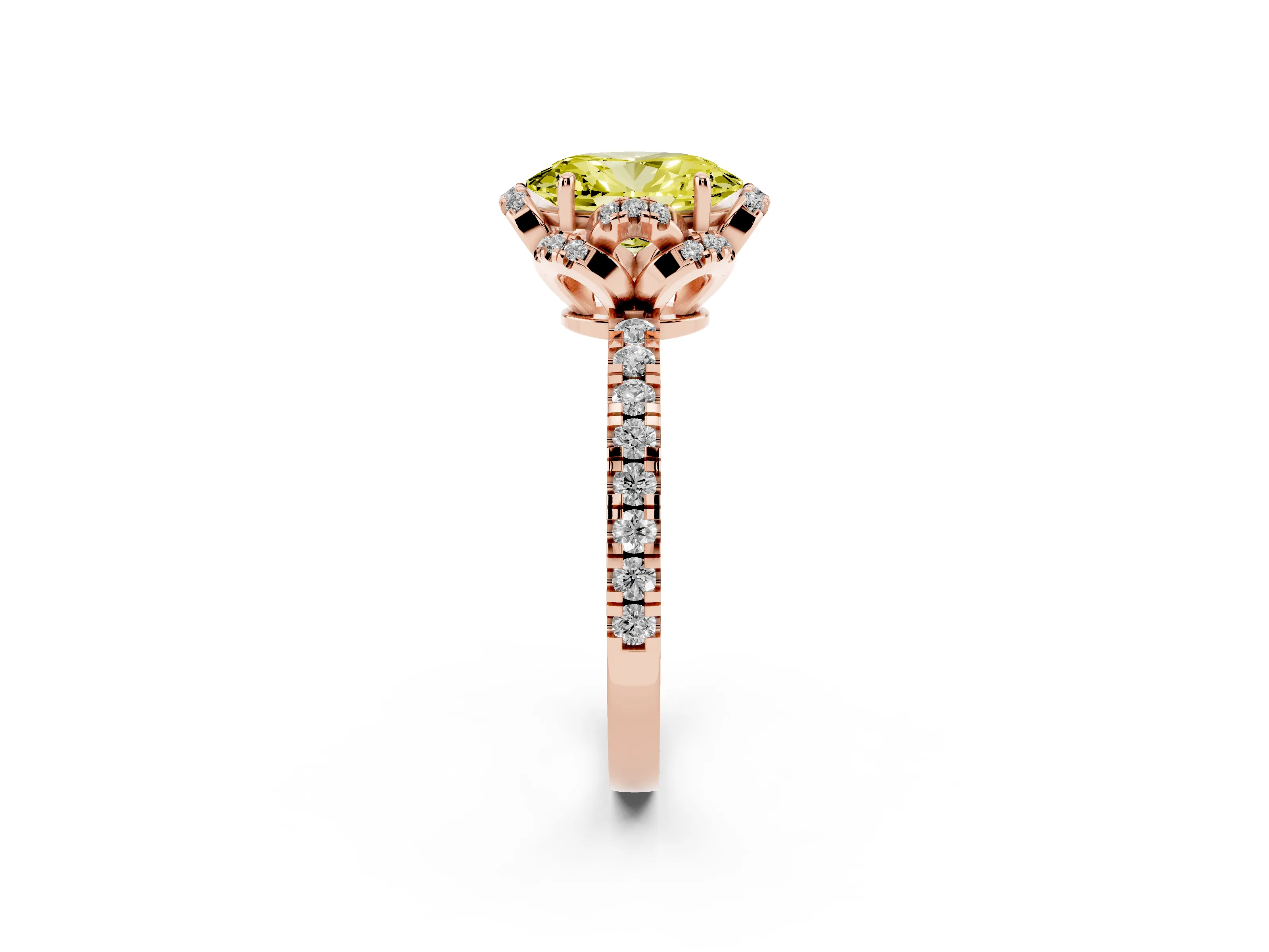 Fancy Yellow Oval Cut Diamond Halo Pavé Band Ring Set in Rose gold with Prong-Held Center