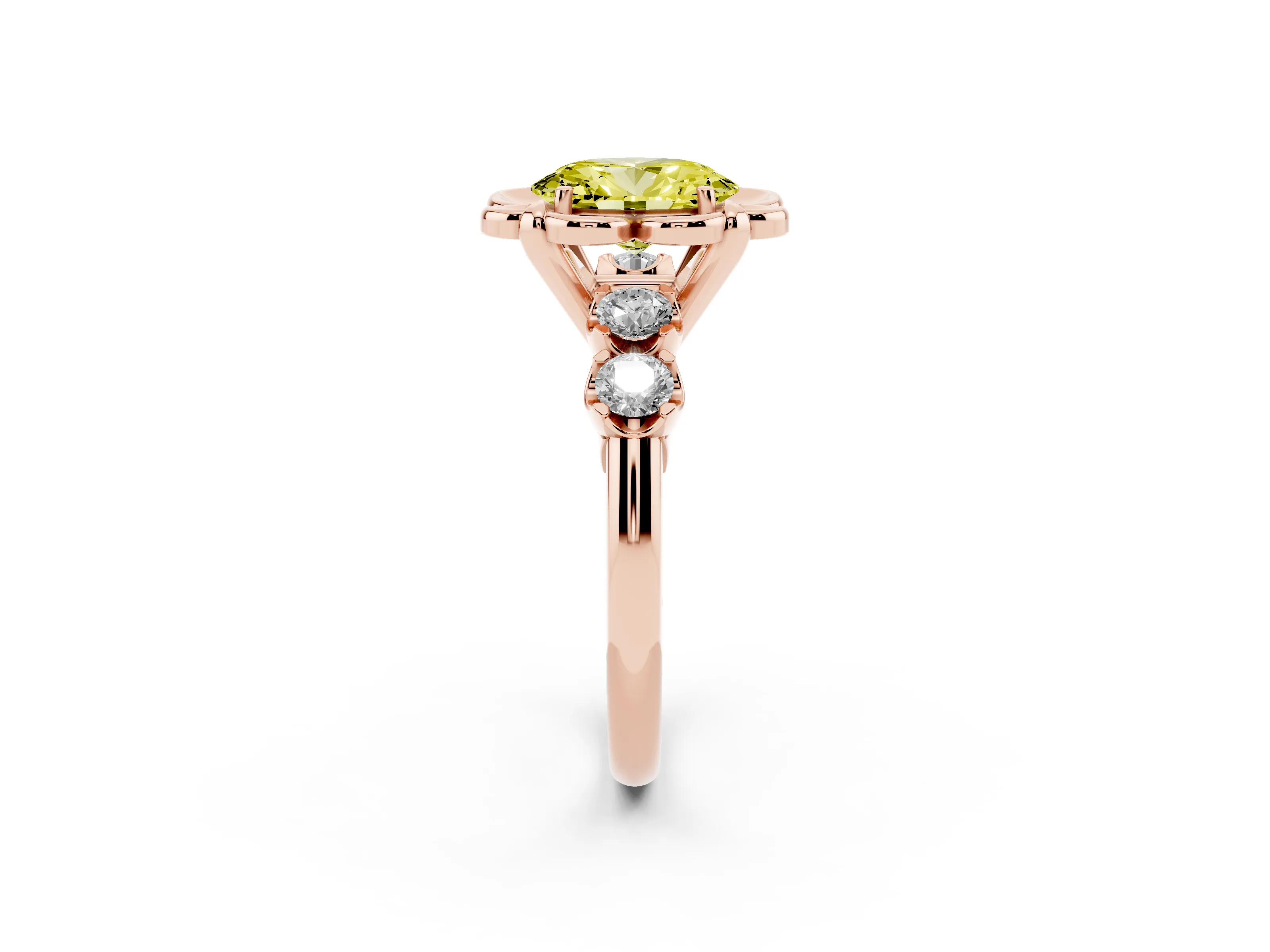 Fancy Yellow Oval Cut Diamond Floral Halo Ring Set in Rose gold with Shared Prong Band