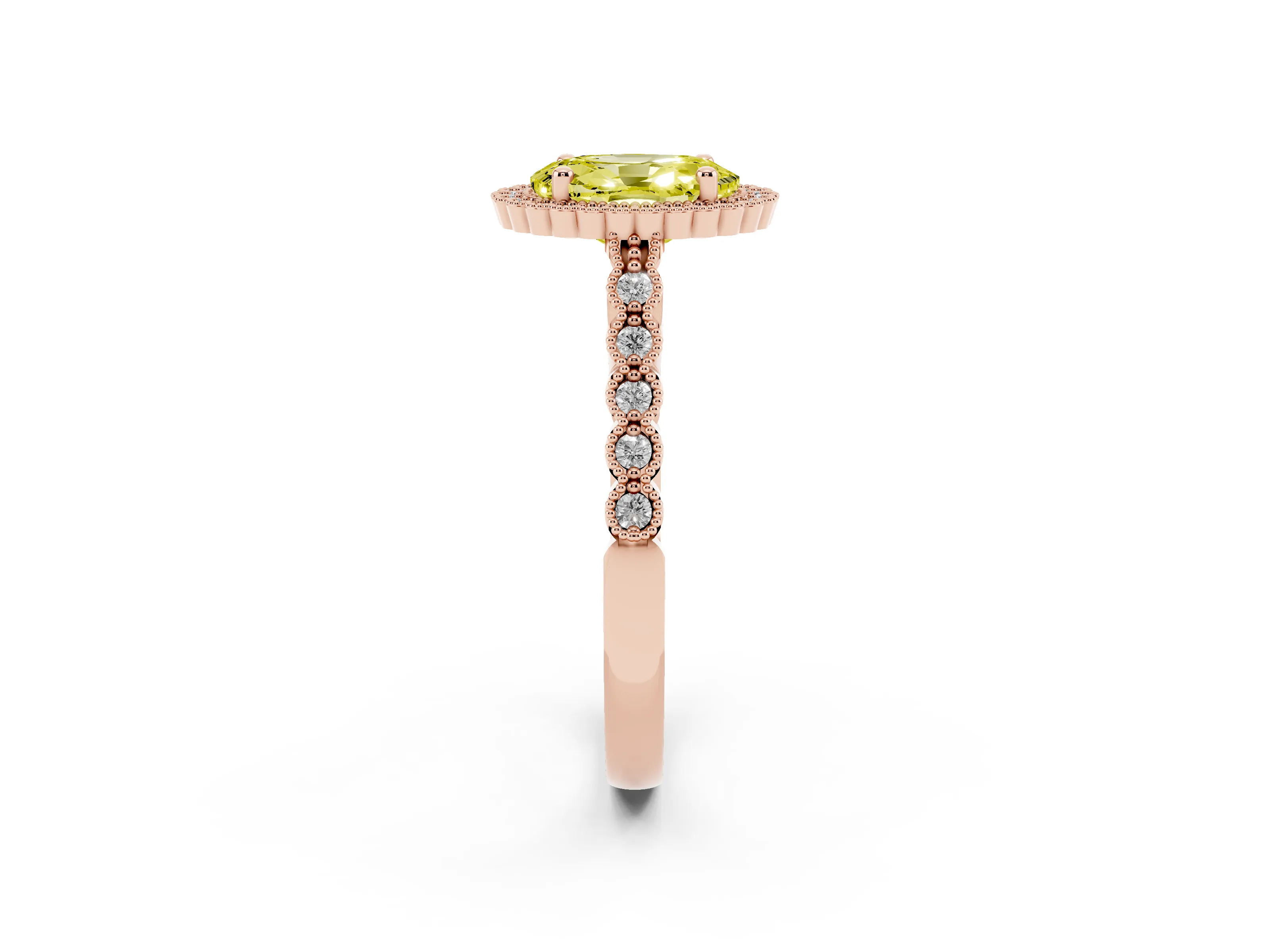 Fancy Yellow Oval Cut Diamond Halo Ring Set in Rose gold with Pavé Milgrain Band